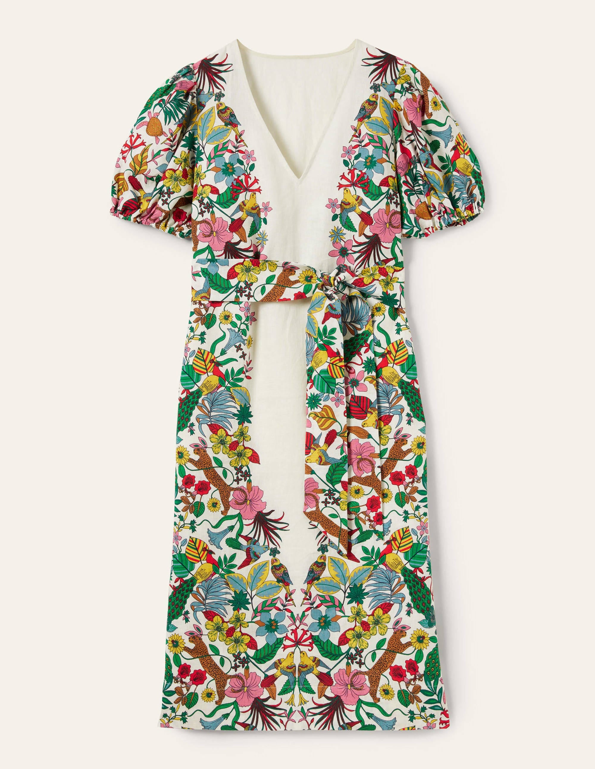 Puff Sleeve Linen Midi Dress-Ivory, Exotic Paradise - Image 10