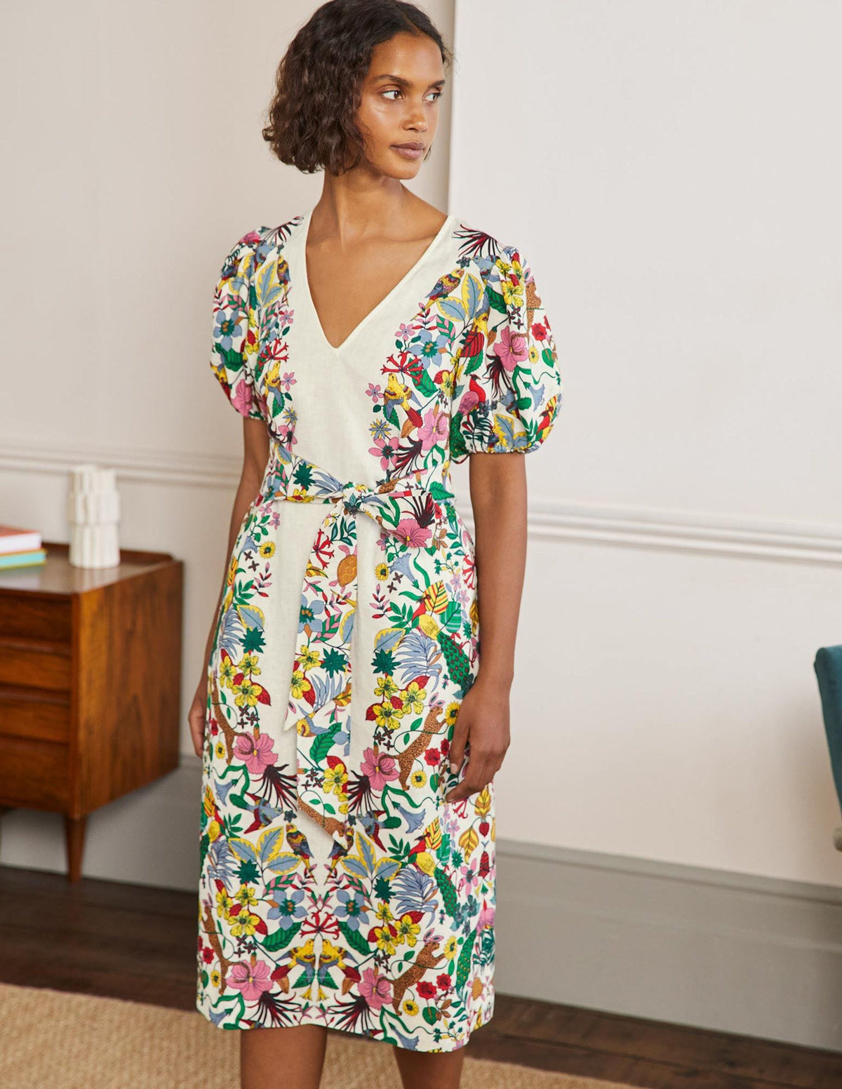 Puff Sleeve Linen Midi Dress-Ivory, Exotic Paradise-6