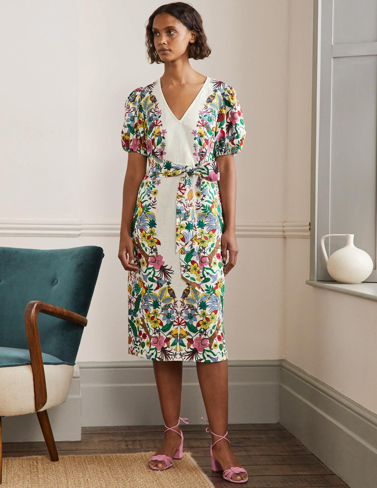 Puff Sleeve Linen Midi Dress-Ivory, Exotic Paradise-4