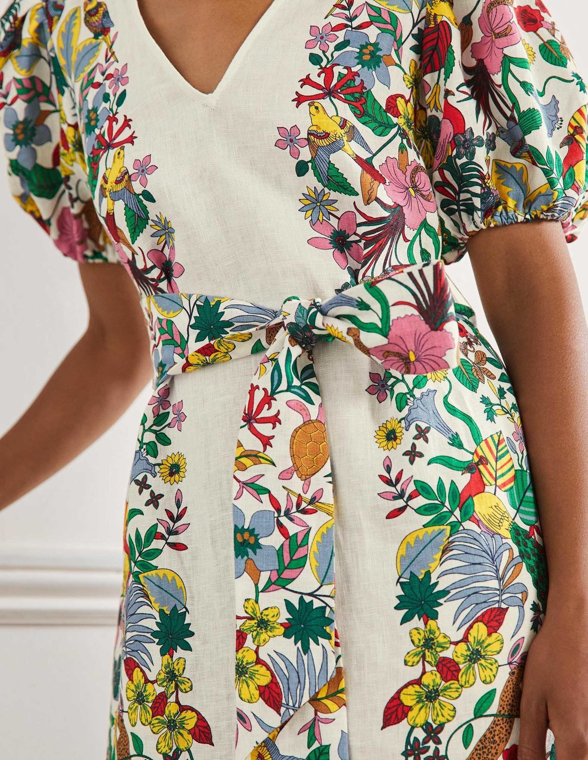 Puff Sleeve Linen Midi Dress-Ivory, Exotic Paradise-5