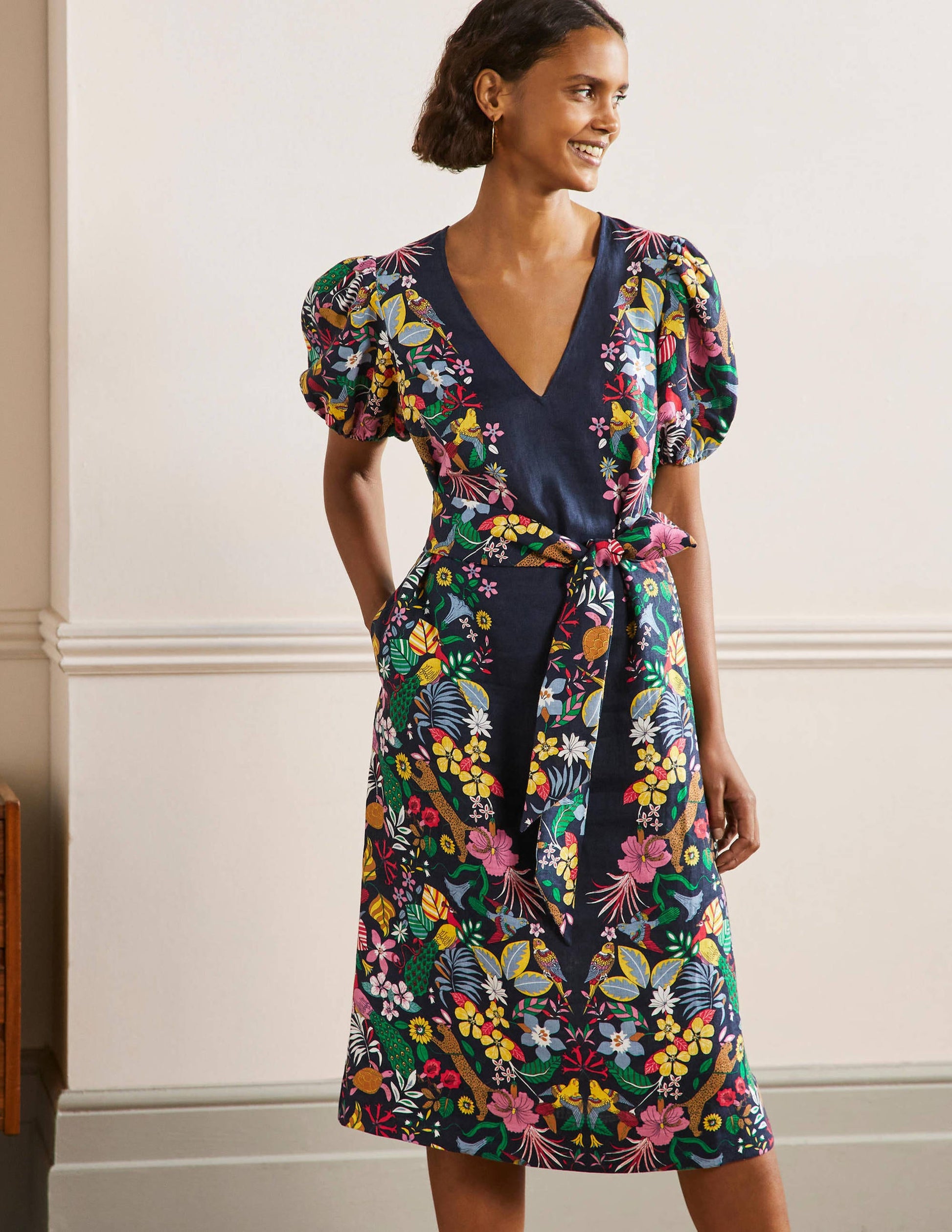 Puff Sleeve Linen Midi Dress-Navy, Exotic Paradise-6
