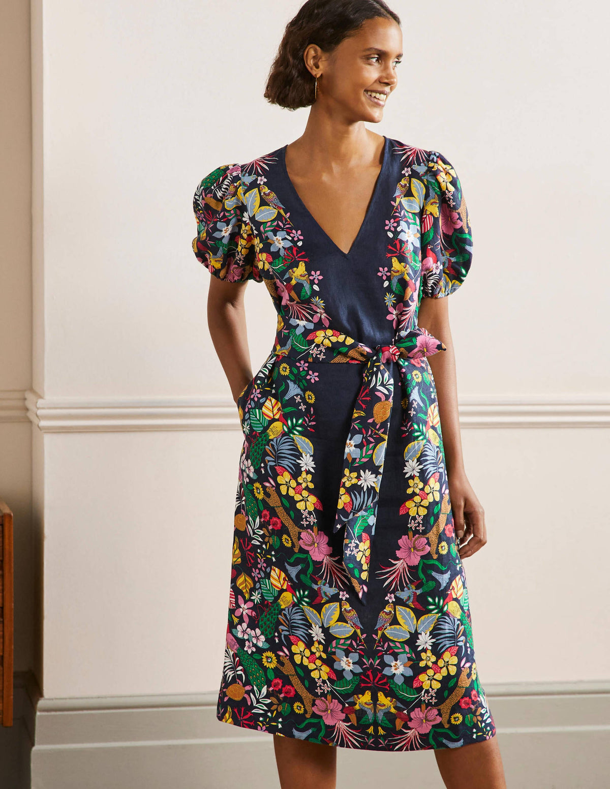 Puff Sleeve Linen Midi Dress-Navy, Exotic Paradise - Image 6