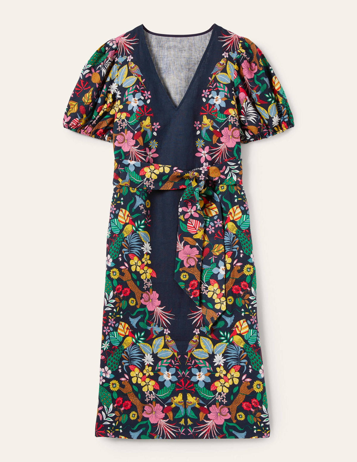 Puff Sleeve Linen Midi Dress-Navy, Exotic Paradise-11