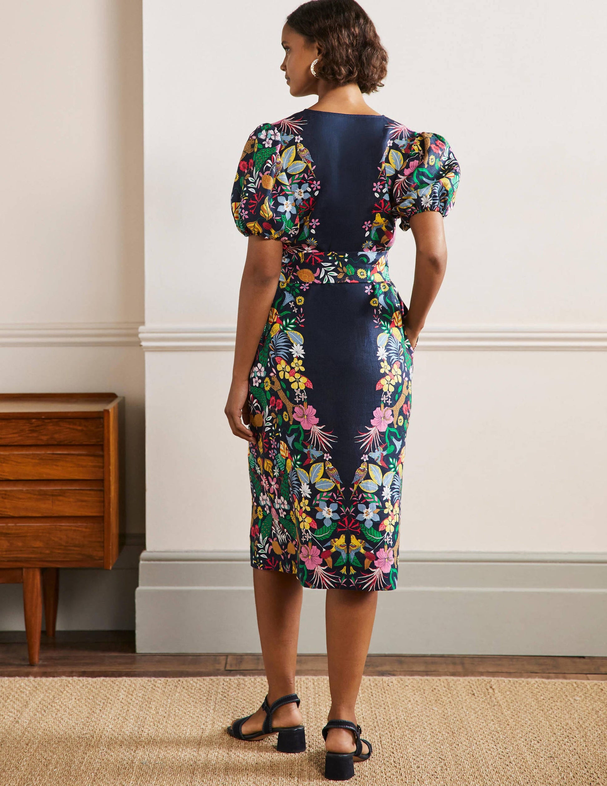 Puff Sleeve Linen Midi Dress-Navy, Exotic Paradise-3