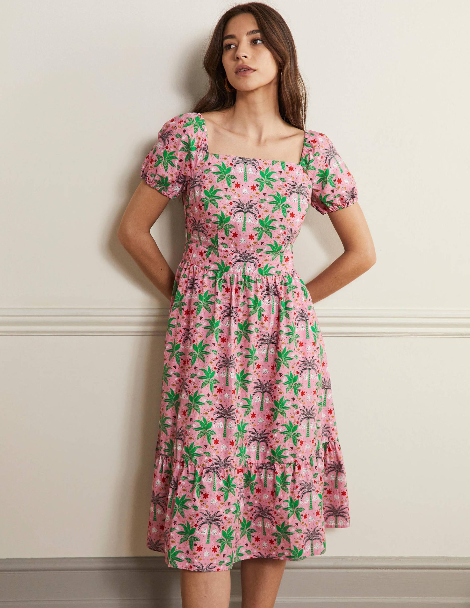 Square Neck Tiered Dress-Posy Pink, Oriental Palm-1