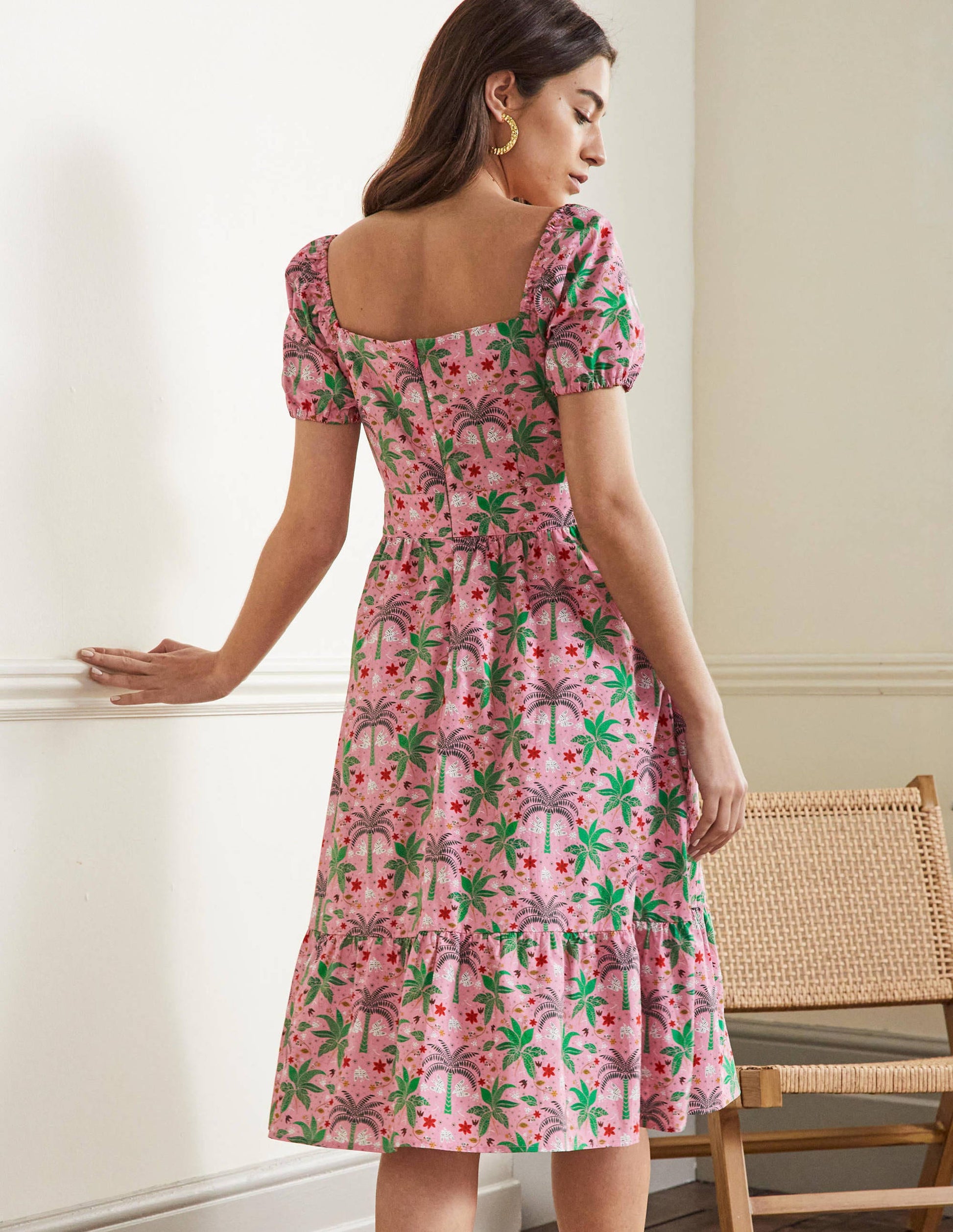 Square Neck Tiered Dress-Posy Pink, Oriental Palm-3