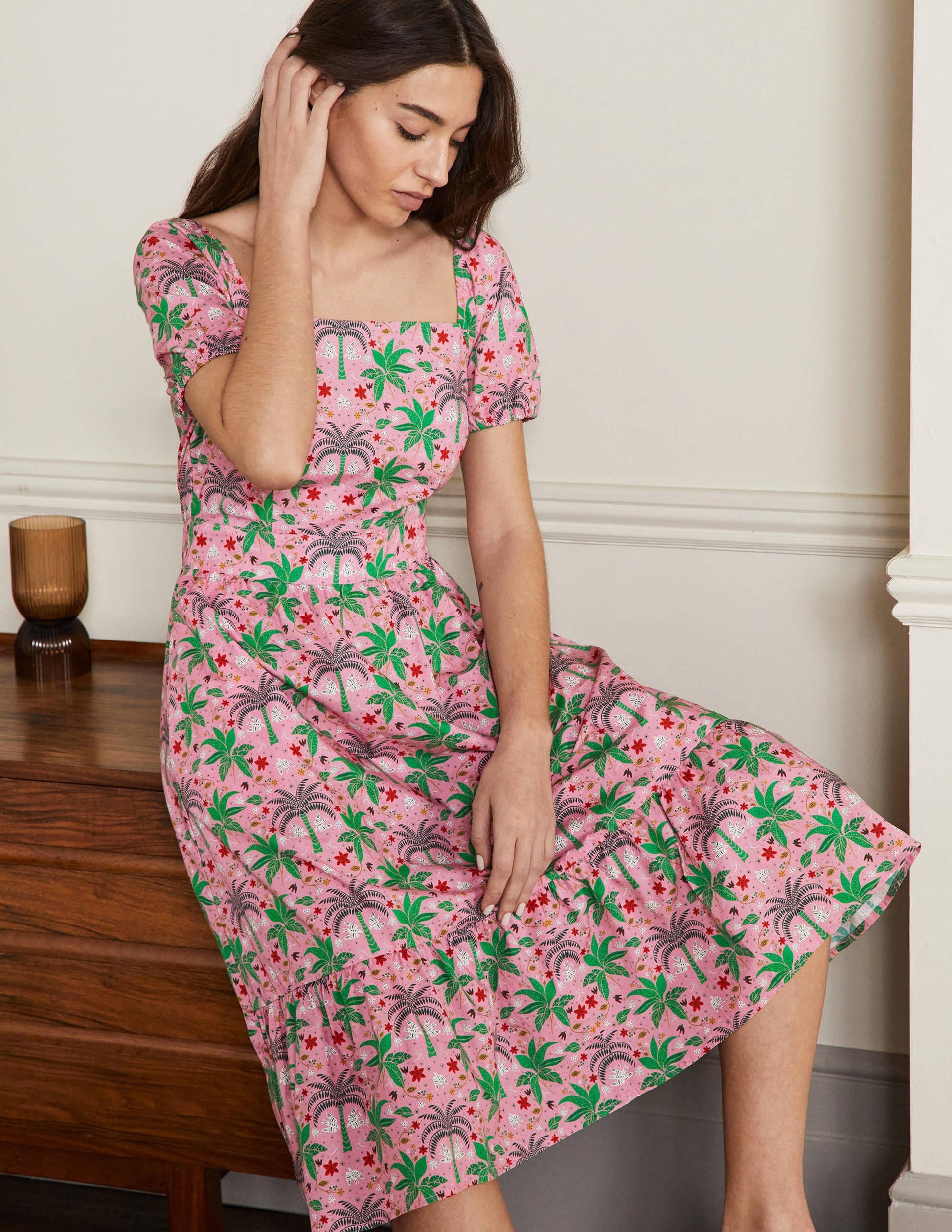 Square Neck Tiered Dress-Posy Pink, Oriental Palm-4