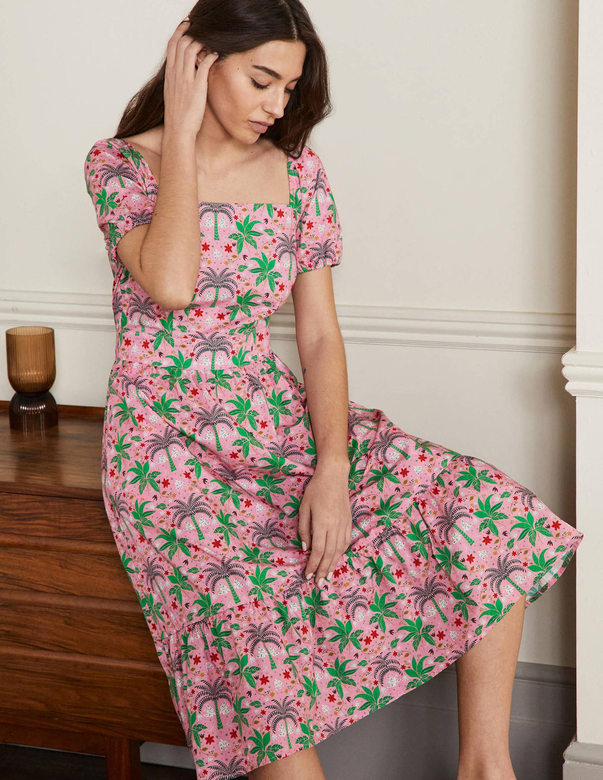 Square Neck Tiered Dress-Posy Pink, Oriental Palm - Image 4