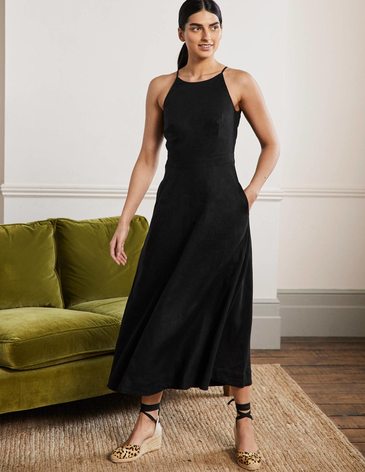 Halterneck Linen Midi Dress-Black-1