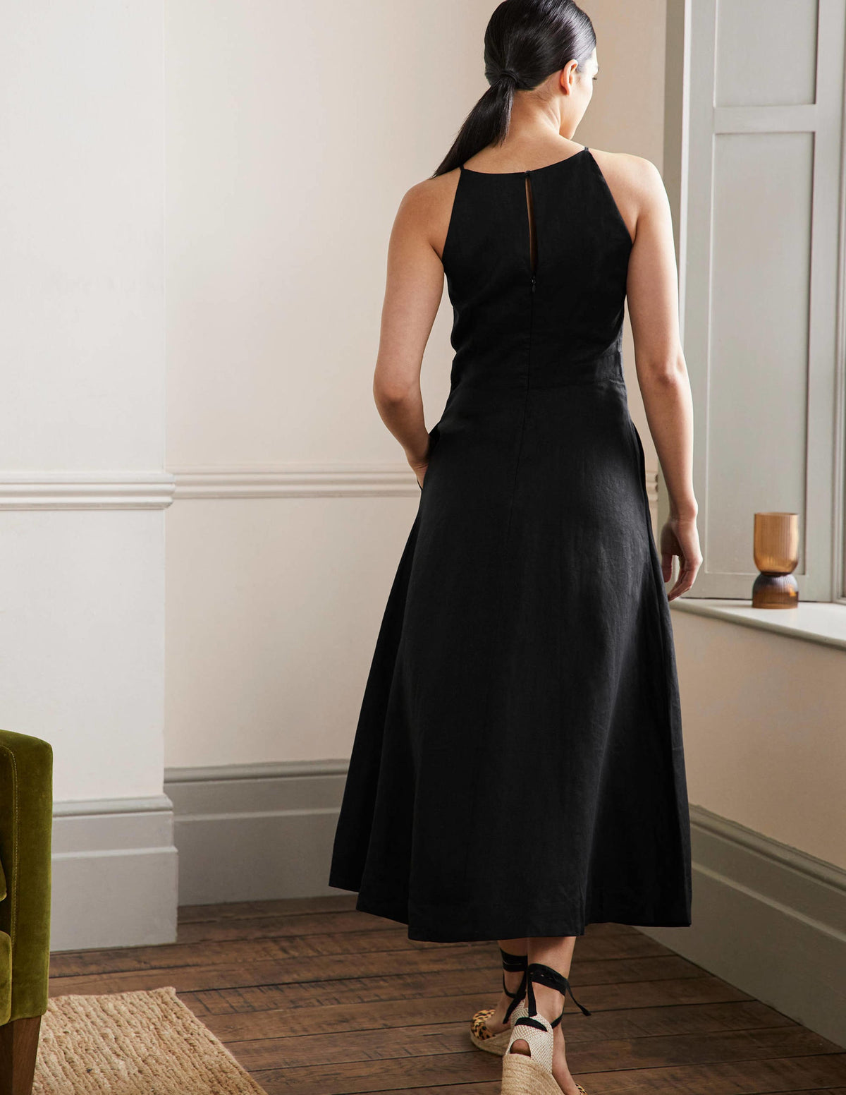 Halterneck Linen Midi Dress-Black - Image 3