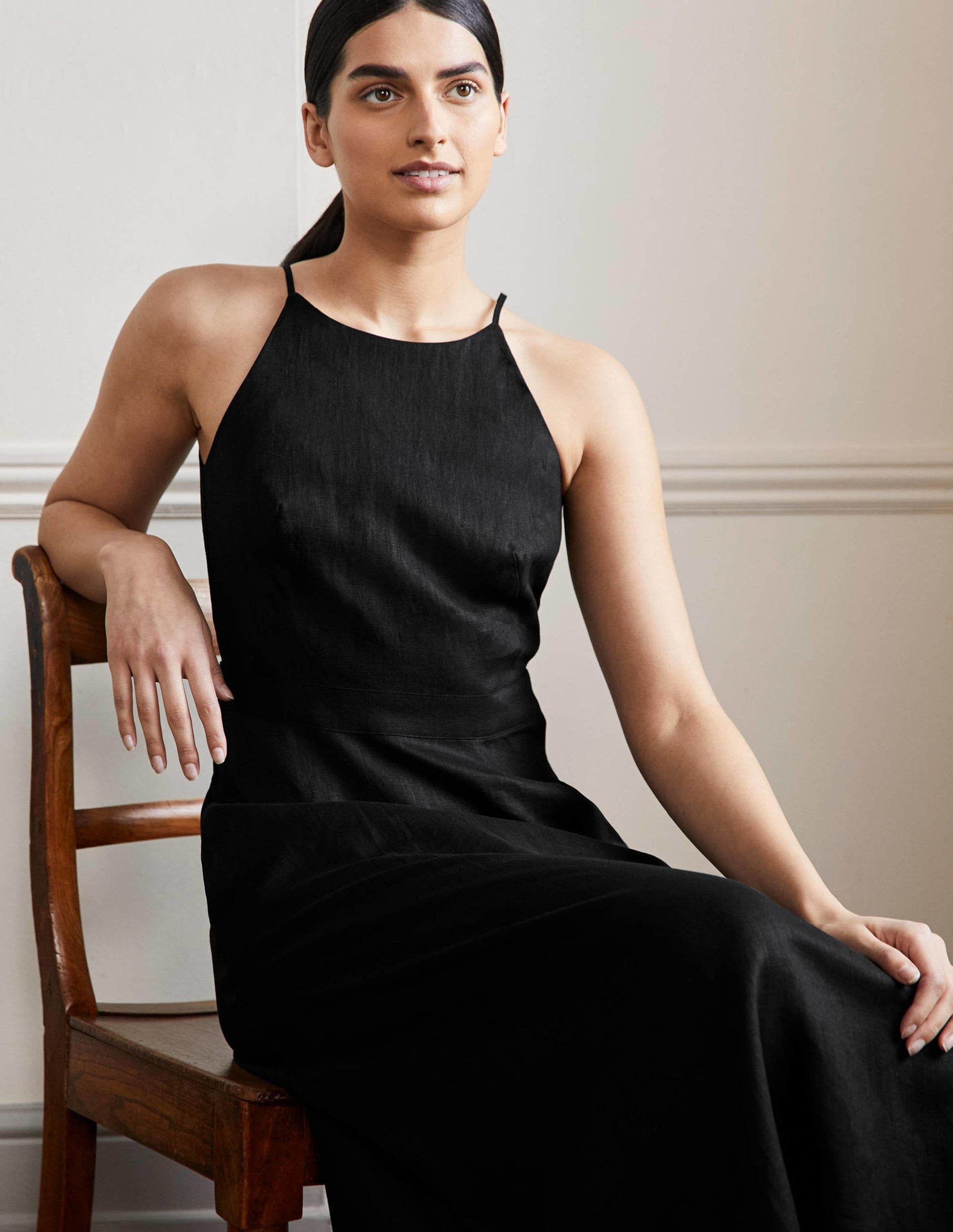 Halterneck Linen Midi Dress-Black-5