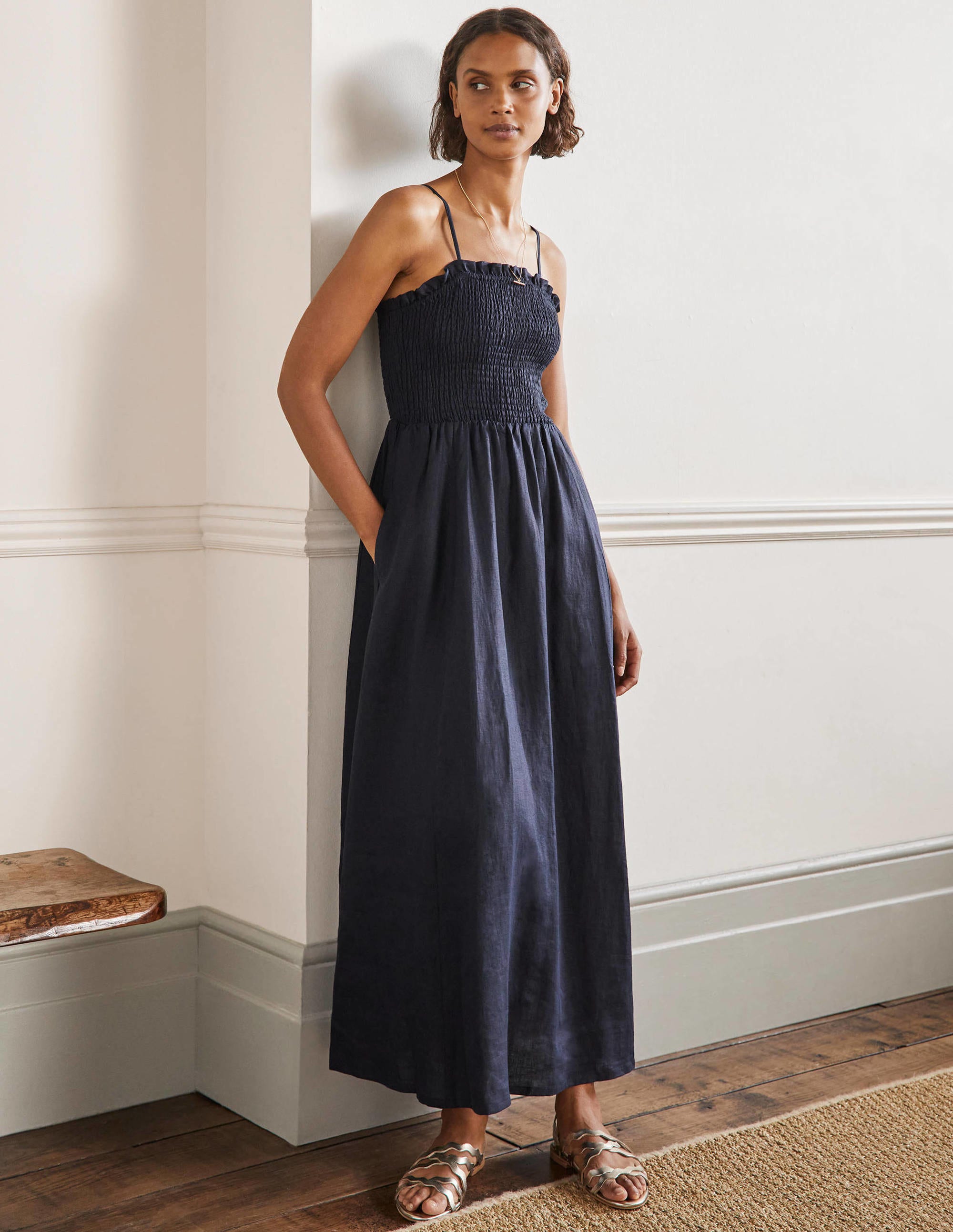 Strapless Linen Midi Dress-Navy - Image 1