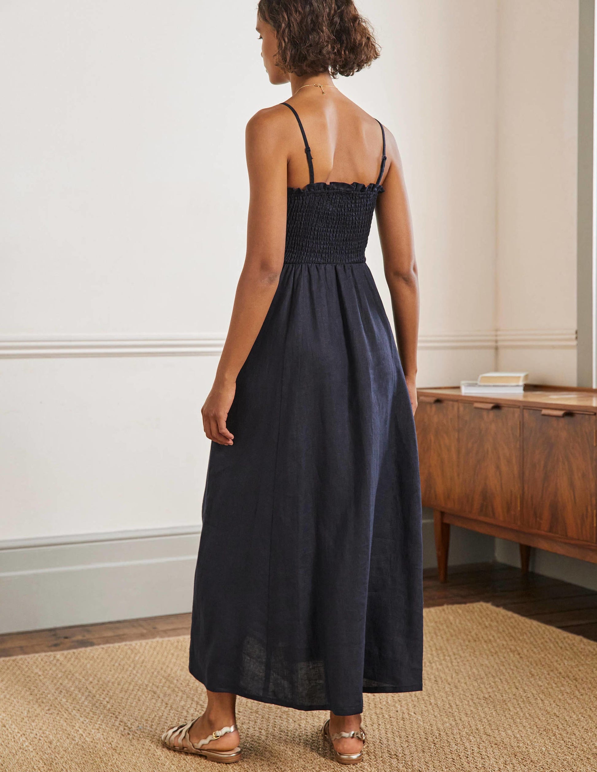 Strapless Linen Midi Dress-Navy-3