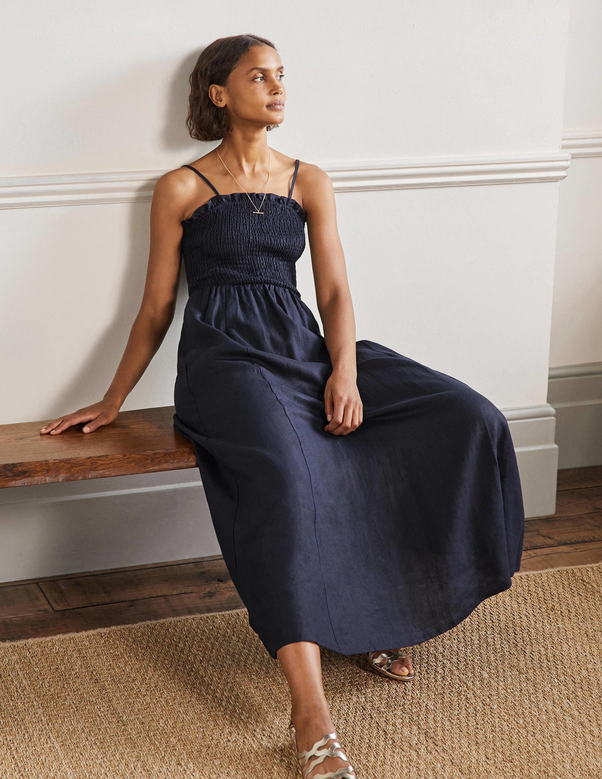Strapless Linen Midi Dress-Navy-4