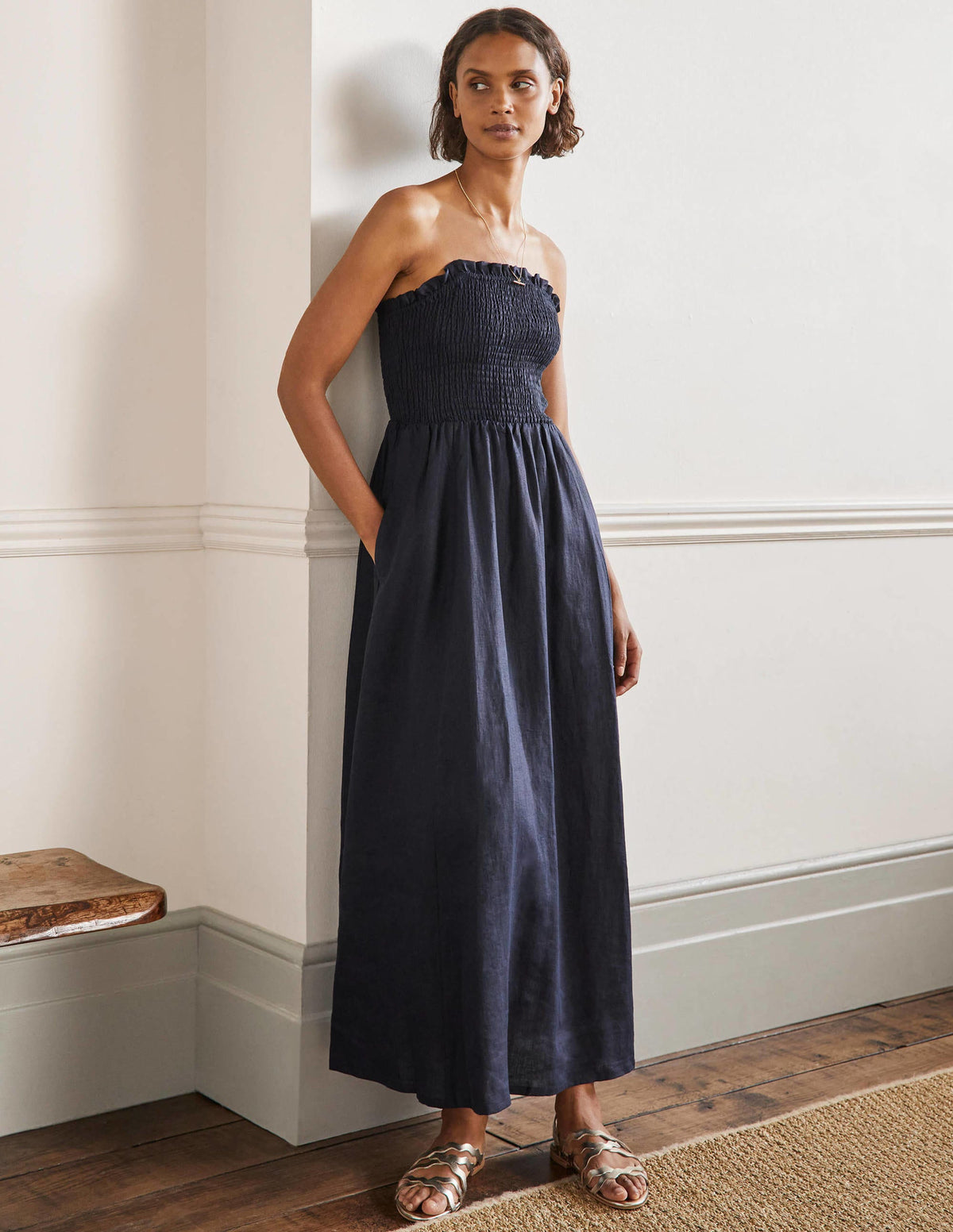 Strapless Linen Midi Dress-Navy - Image 6