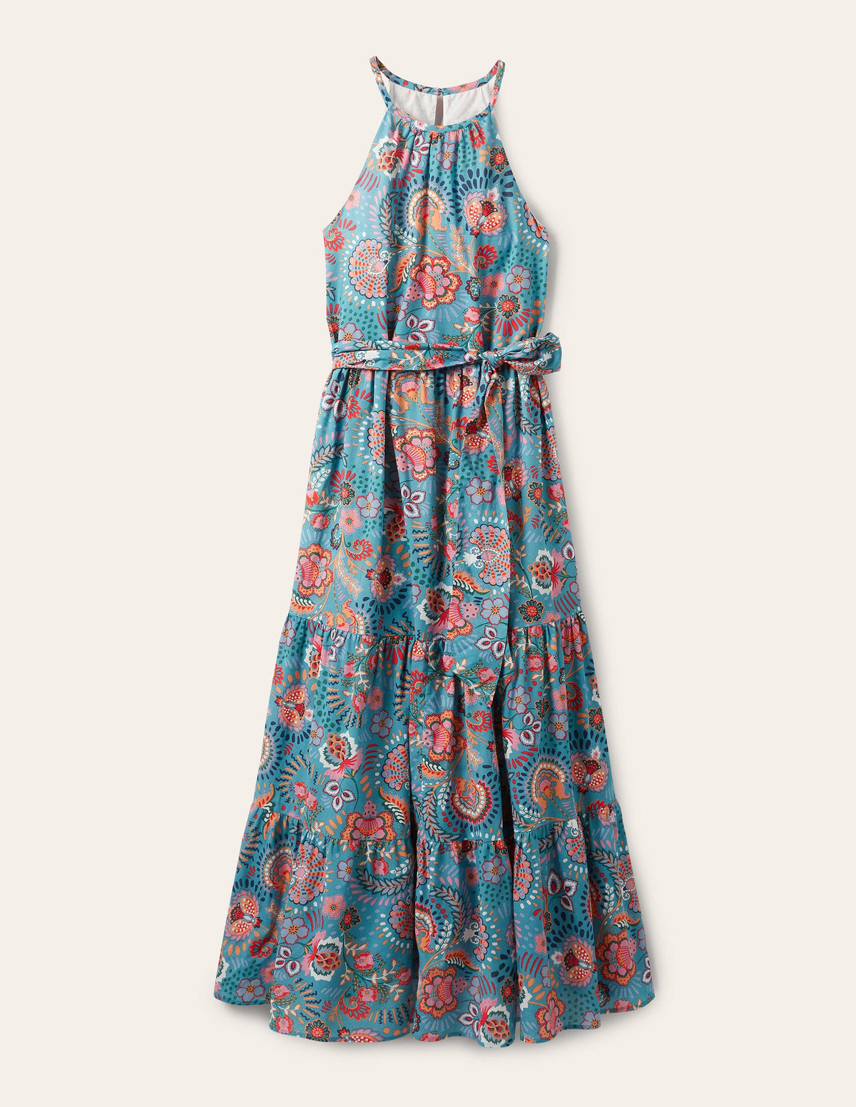 Halterneck Tiered Maxi Dress-Larkspur, Decorative Meadow-7