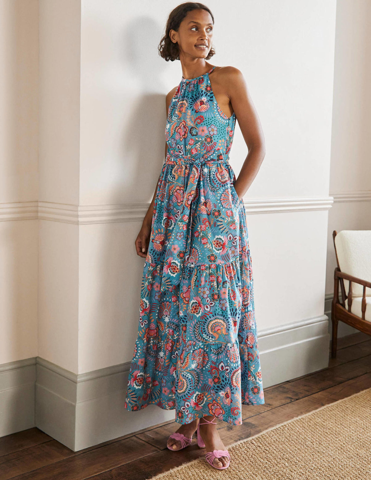 Halterneck Tiered Maxi Dress-Larkspur, Decorative Meadow - Image 1