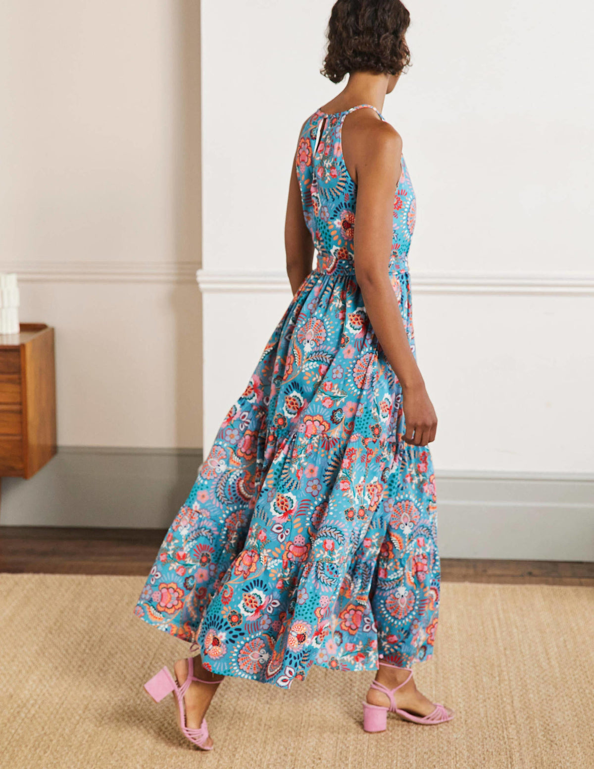 Halterneck Tiered Maxi Dress-Larkspur, Decorative Meadow - Image 3