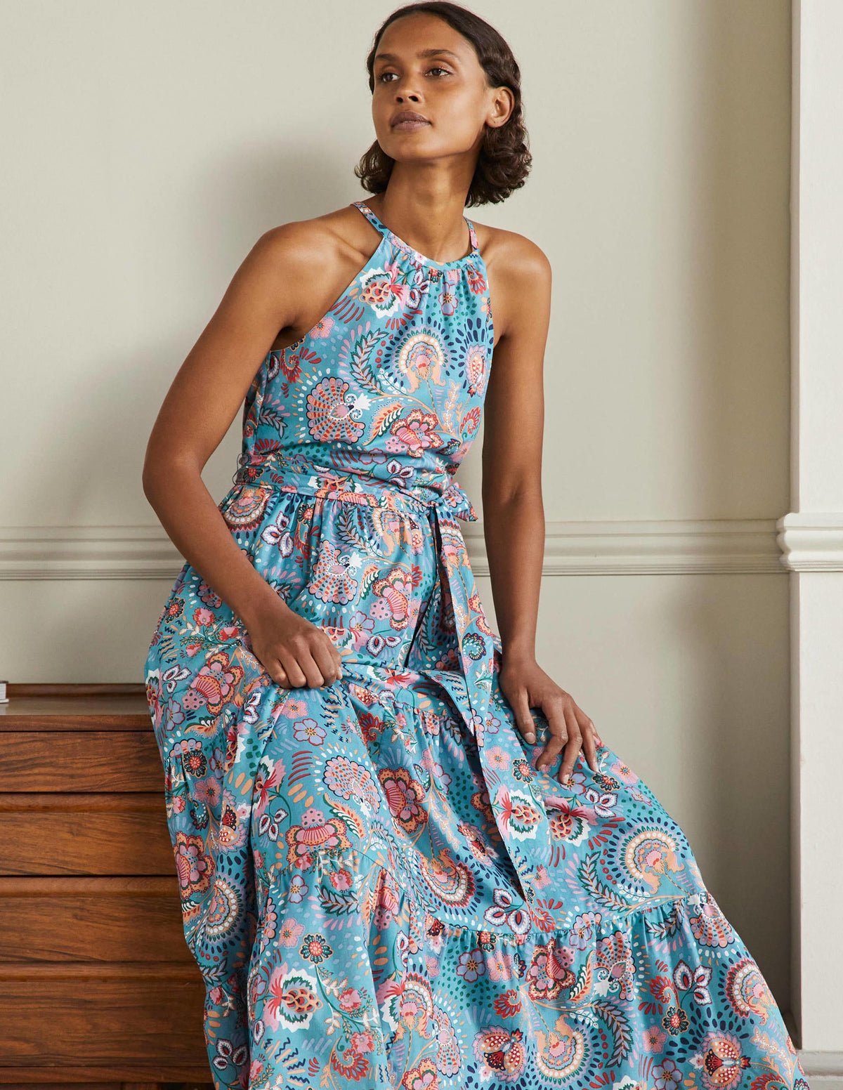 Halterneck Tiered Maxi Dress-Larkspur, Decorative Meadow-4