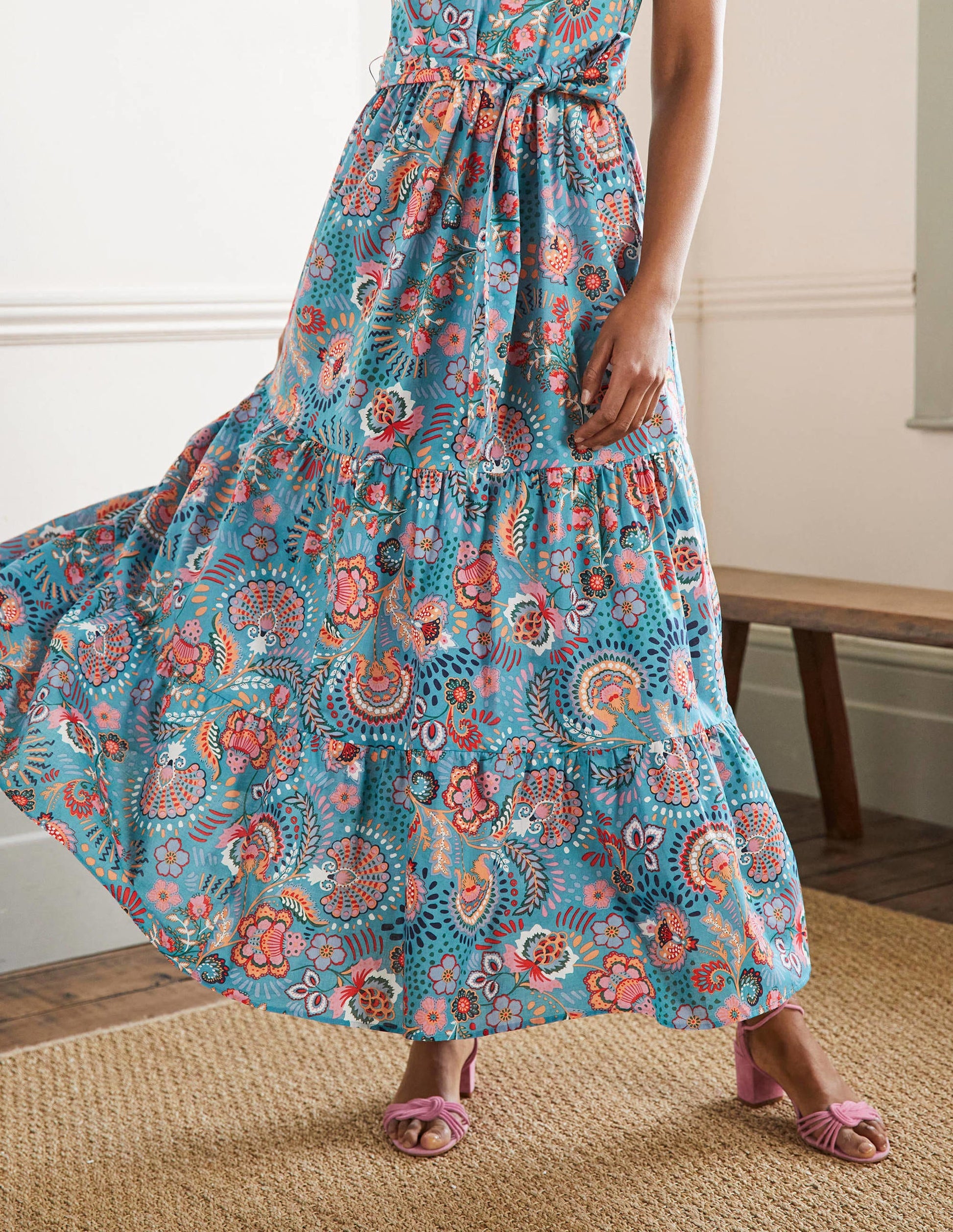 Halterneck Tiered Maxi Dress-Larkspur, Decorative Meadow-5