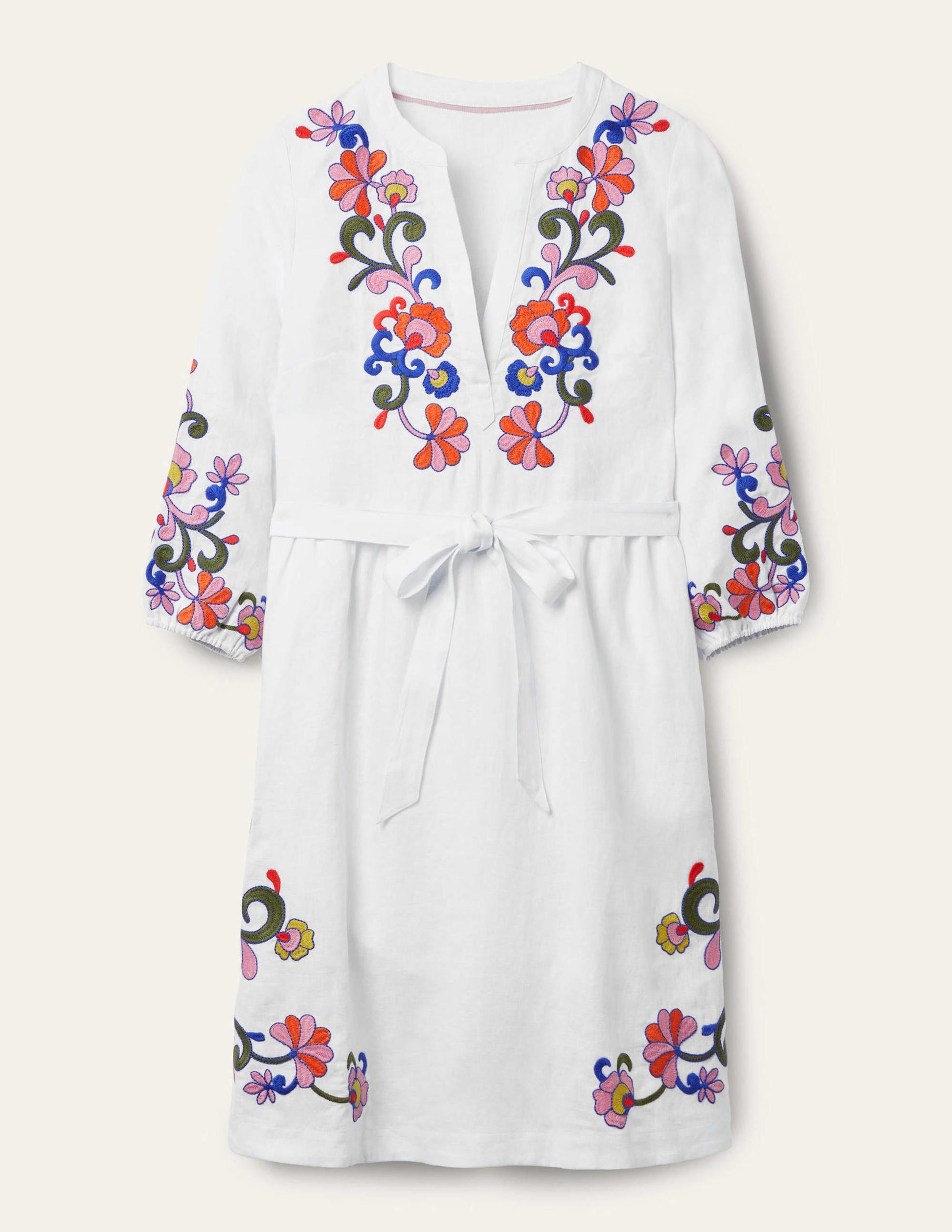 Embroidered Linen Dress-White-6