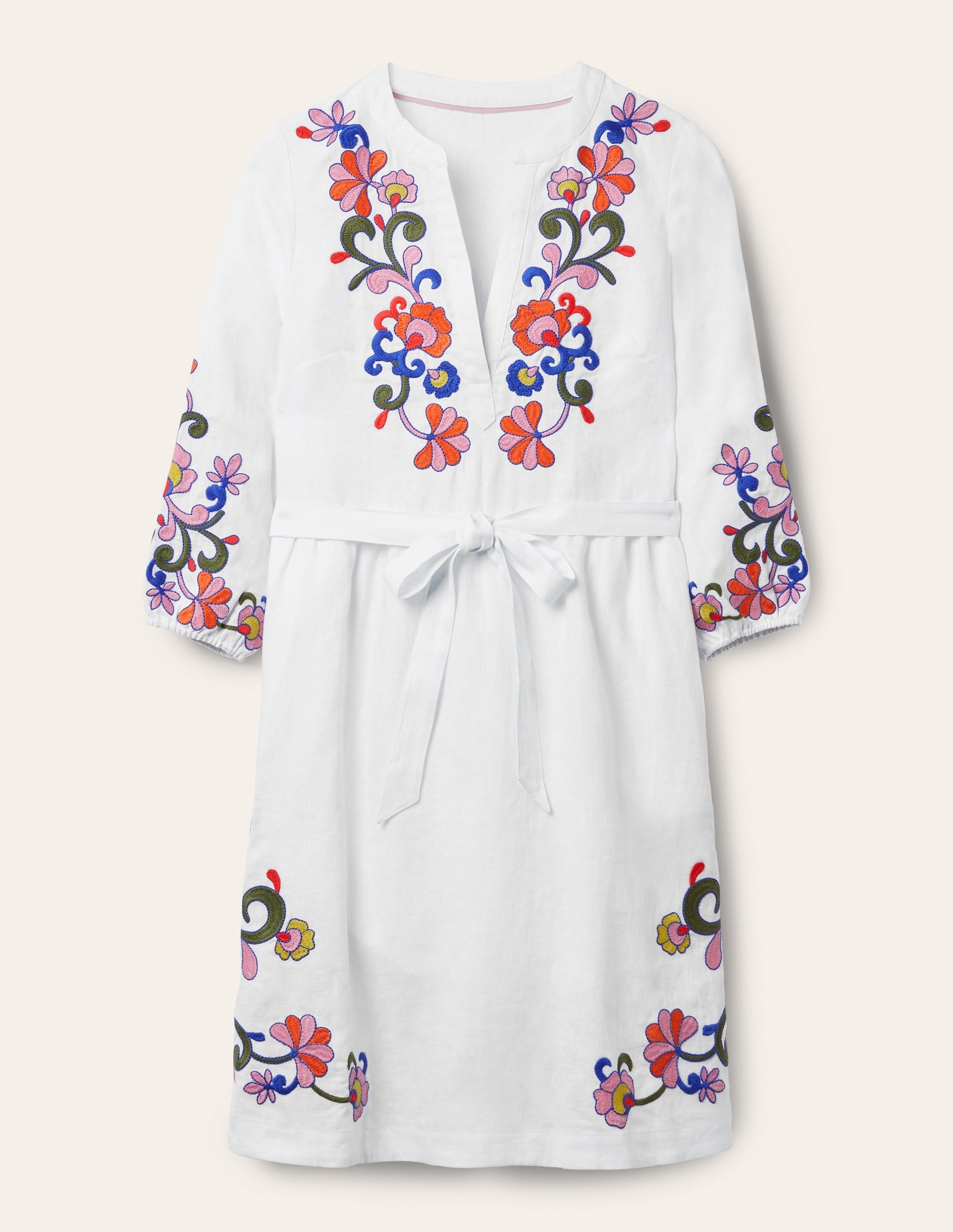 Embroidered Linen Dress-White-7