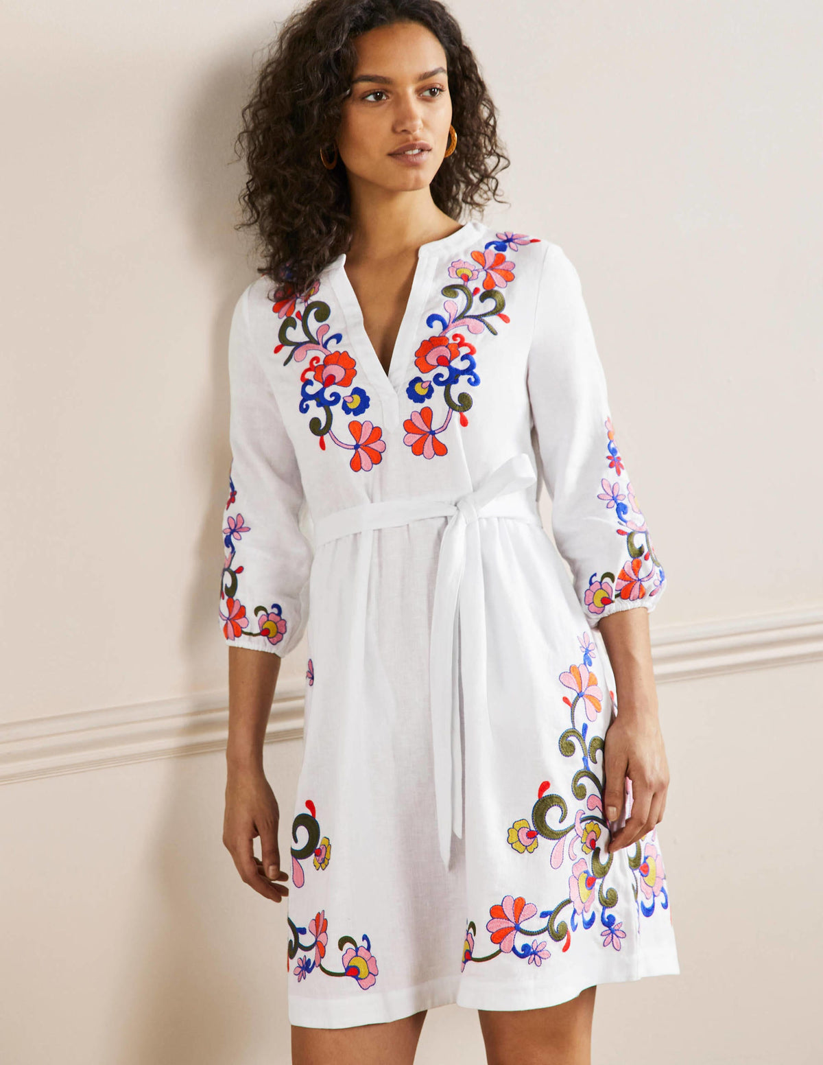 Embroidered Linen Dress-White - Image 1