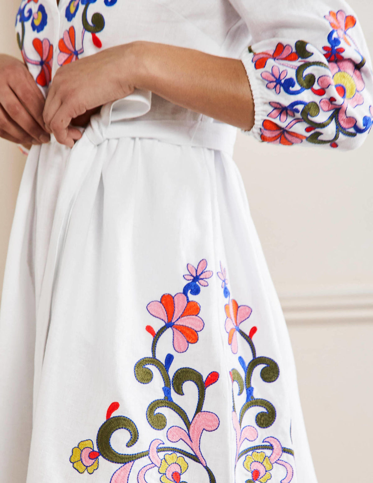 Embroidered Linen Dress-White - Image 2