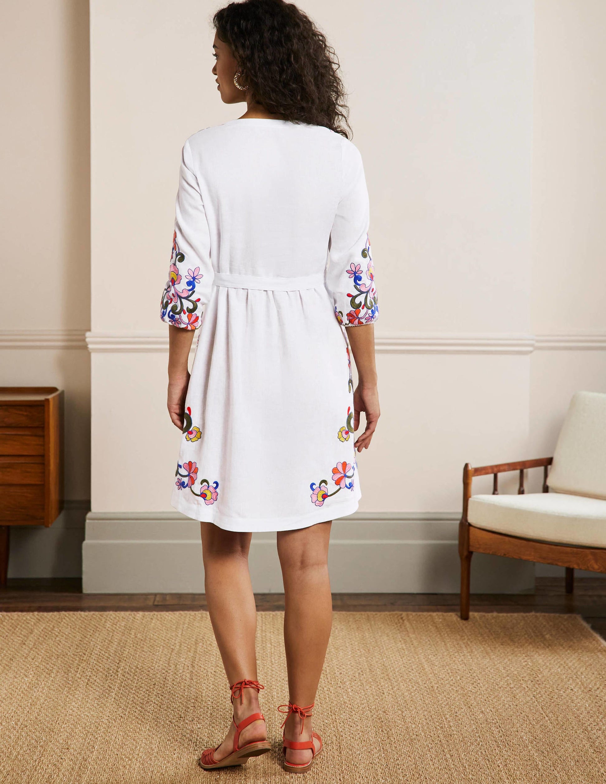 Embroidered Linen Dress-White-3