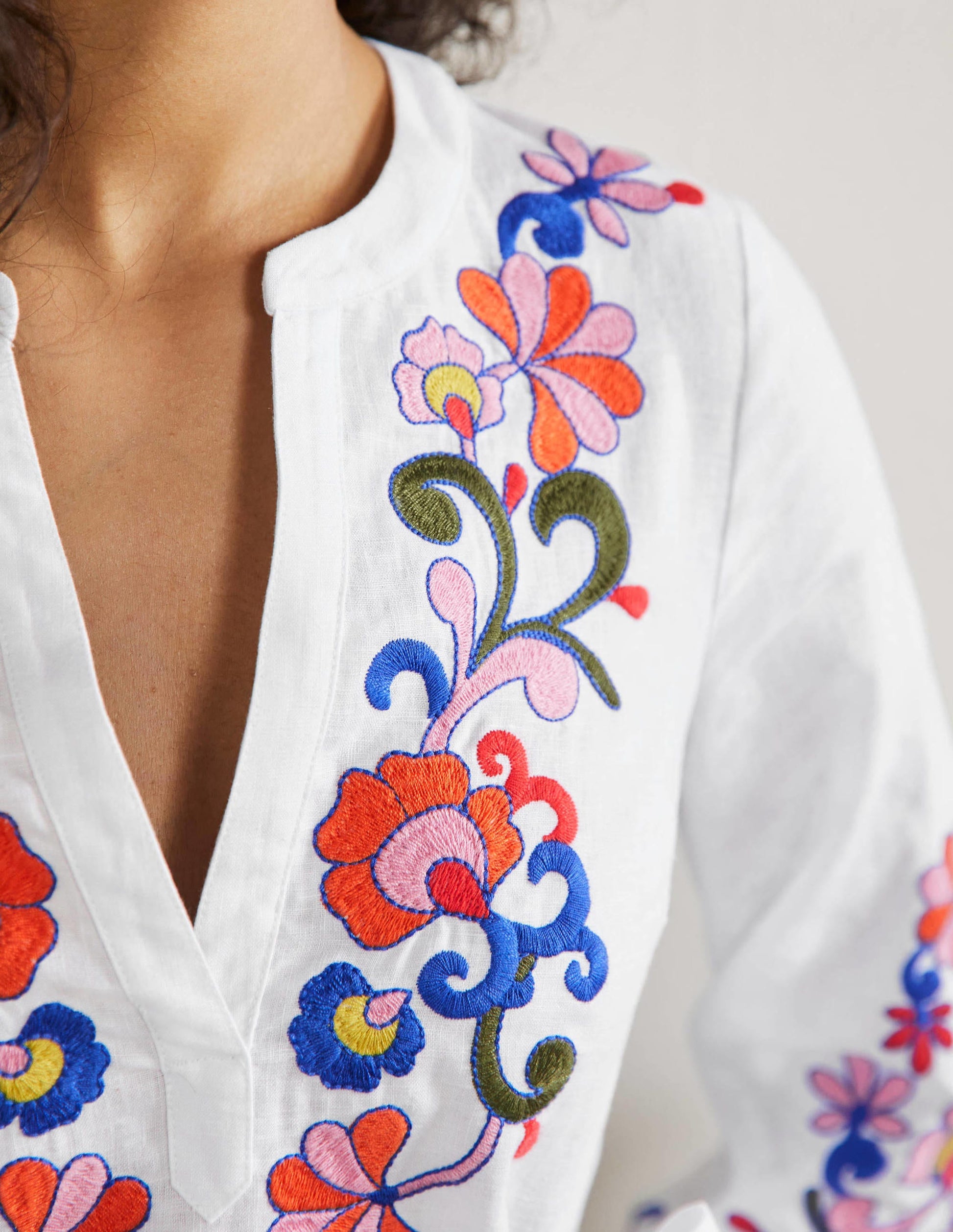 Embroidered Linen Dress-White-5