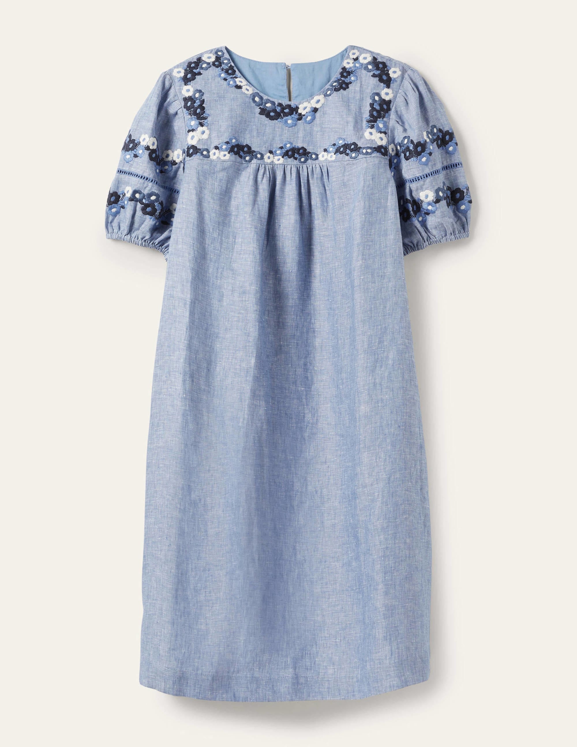 Embroidered Linen Shift Dress-Chambray - Image 5