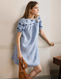 Embroidered Linen Shift Dress-Chambray