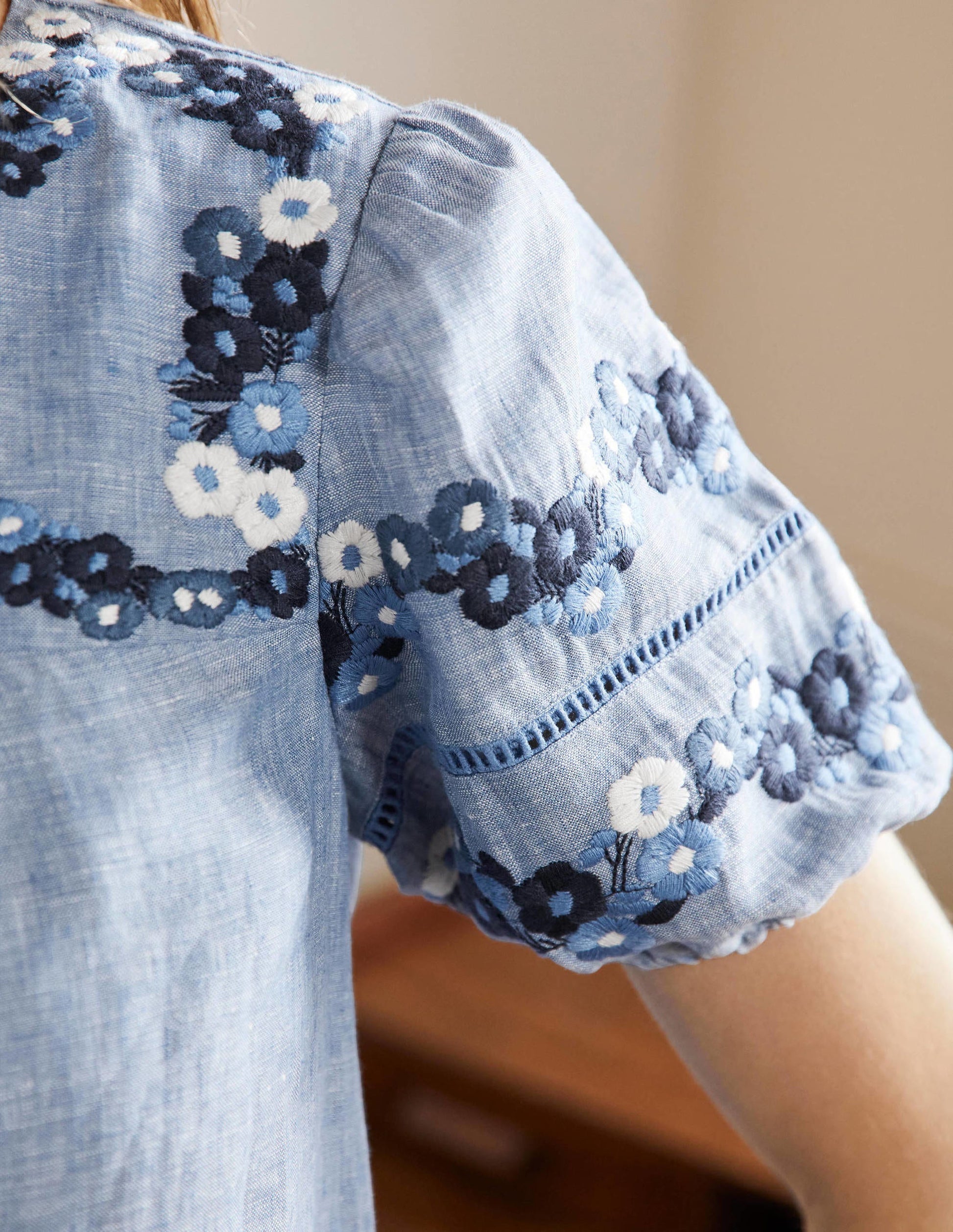 Embroidered Linen Shift Dress-Chambray-2