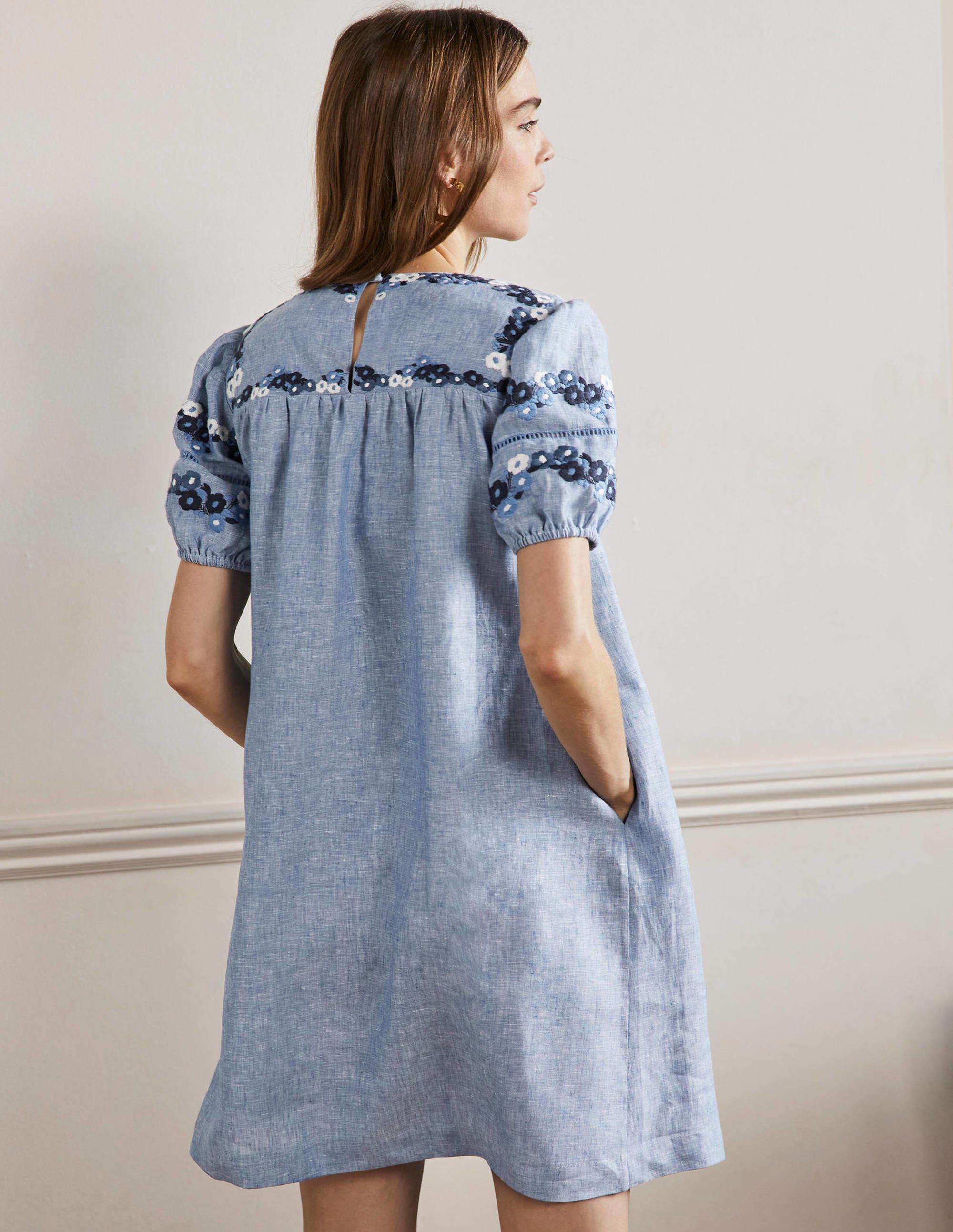 Embroidered Linen Shift Dress-Chambray - Image 3