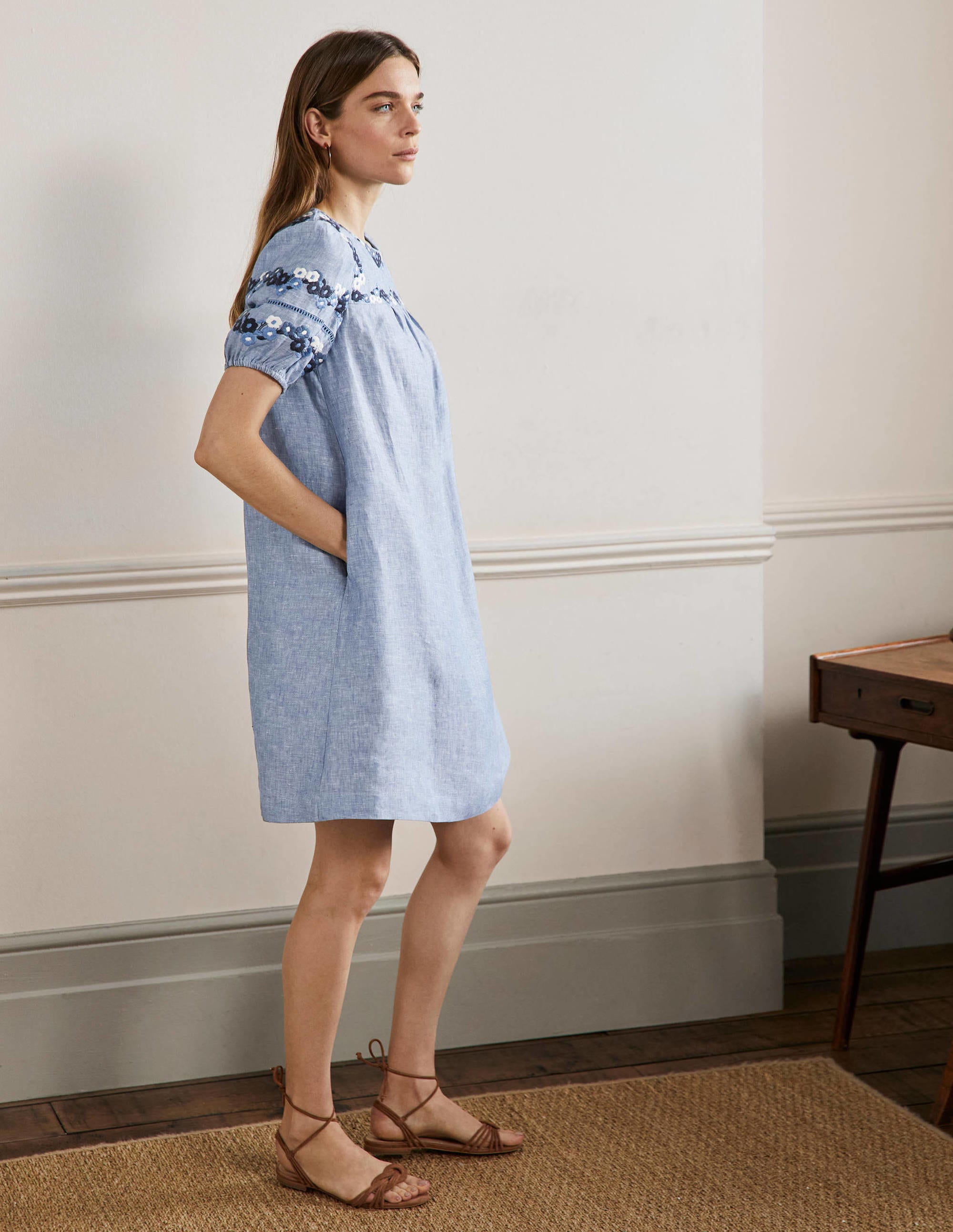 Embroidered Linen Shift Dress-Chambray - Image 4