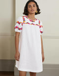 Embroidered Linen Shift Dress-White