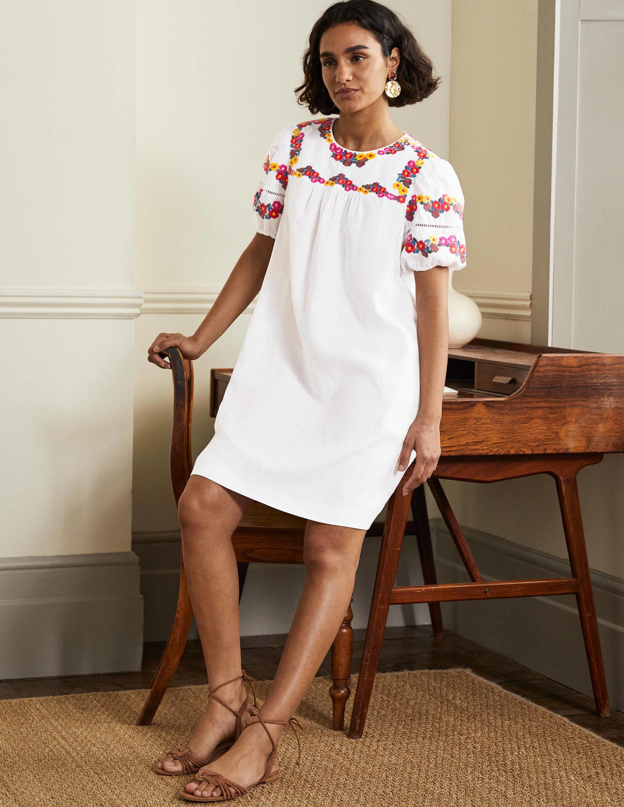 Embroidered Linen Shift Dress-White - Image 4