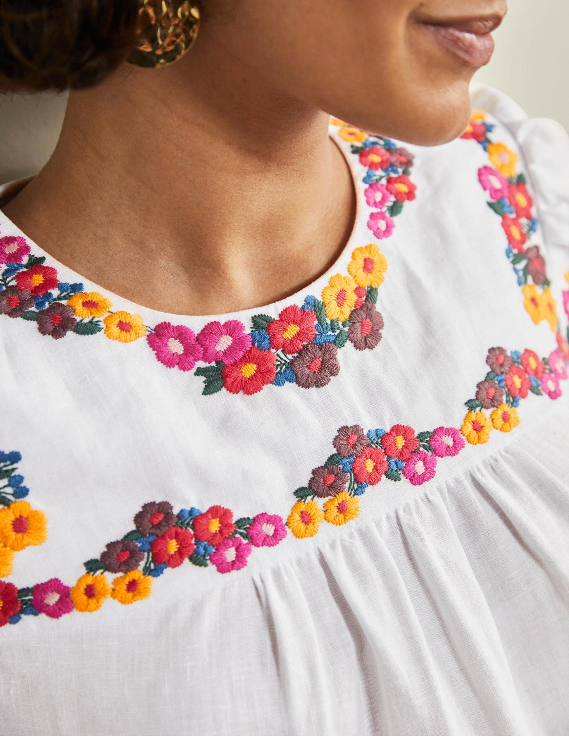 Embroidered Linen Shift Dress-White-5