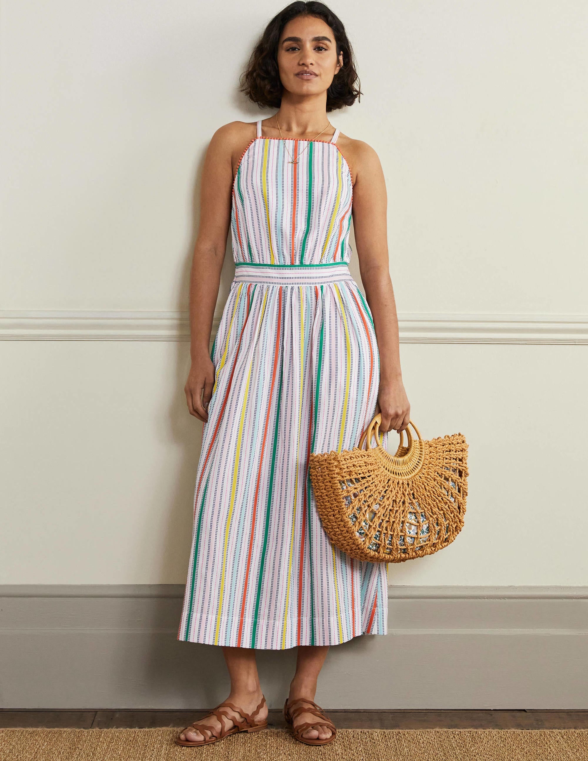 Stripe Halterneck Midi Dress-Sweetcorn and Green Pepper - Image 1