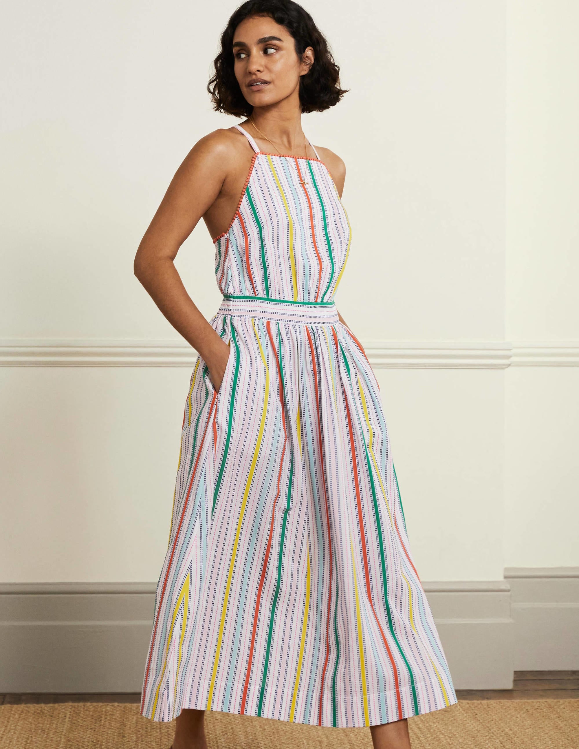 Stripe Halterneck Midi Dress-Sweetcorn and Green Pepper - Image 4
