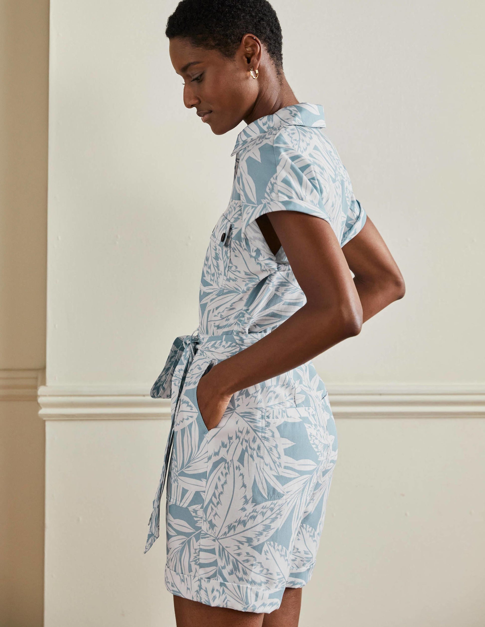 Pocket Detail Playsuit-Mountain Spring, Exotic Leaves-4