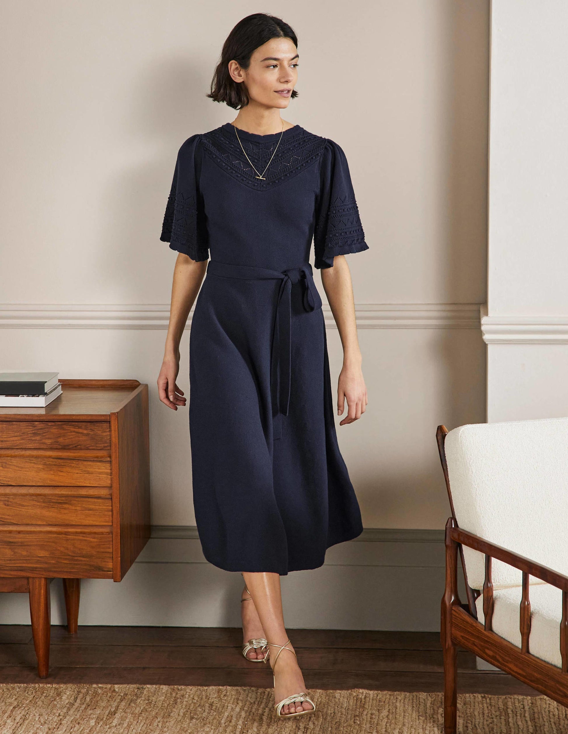 Wide Sleeve Knitted Dress-Navy-1