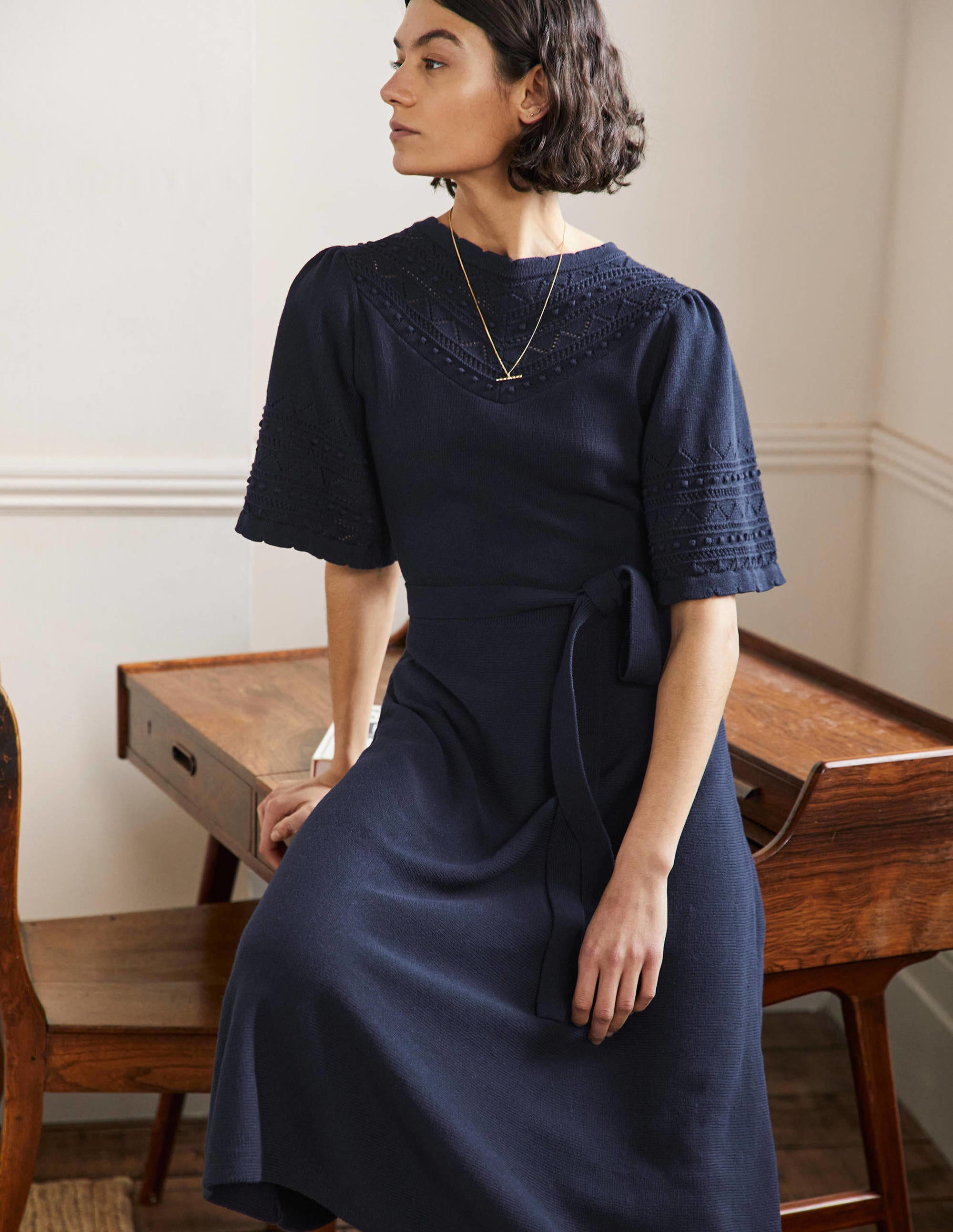 Wide Sleeve Knitted Dress-Navy - Image 4