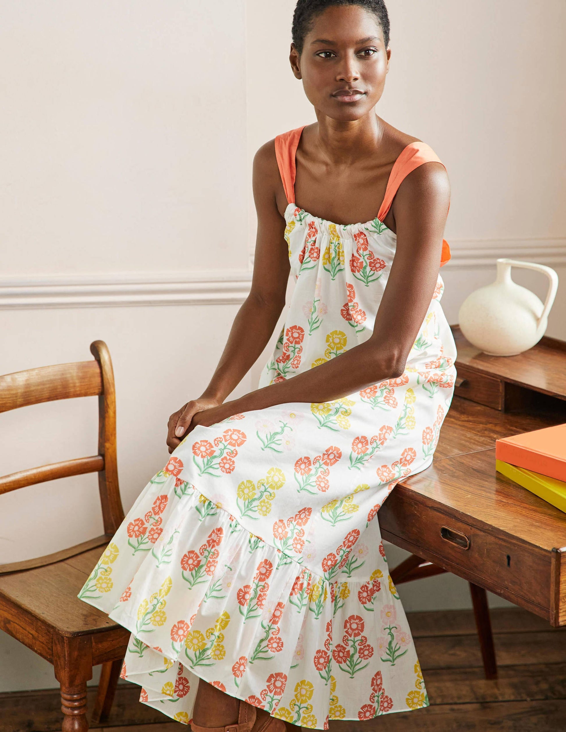Nadine Tie Back Maxi  Dress-Molly Mahon Flower Woodblock-9