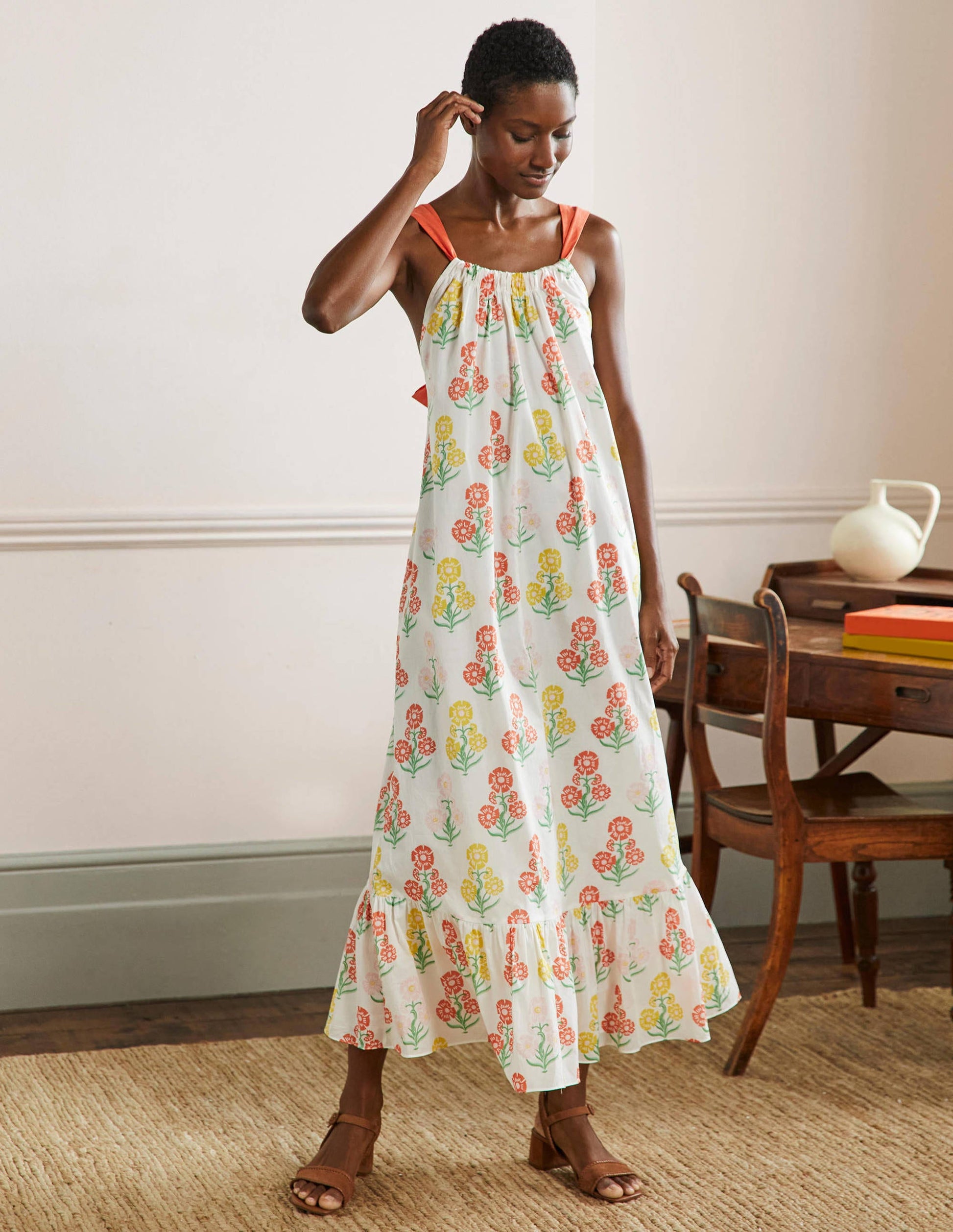 Nadine Tie Back Maxi  Dress-Molly Mahon Flower Woodblock-1