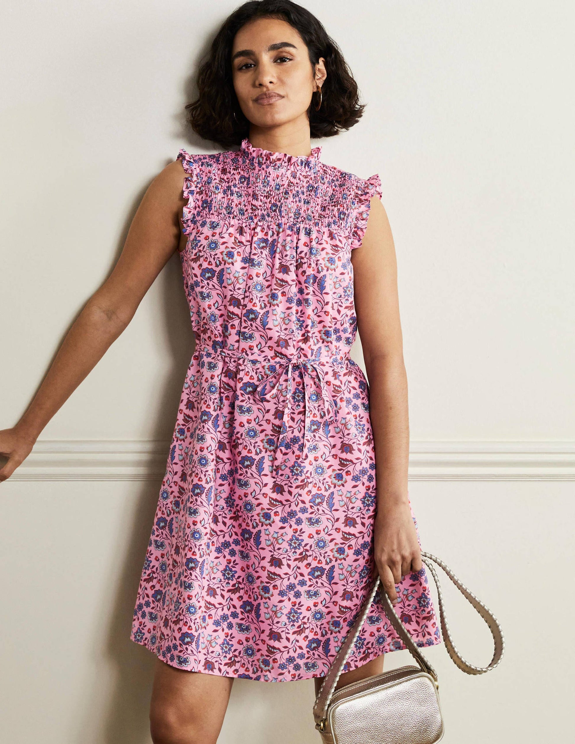 Sleeveless Smocked Mini Dress-Formica Pink Oriental Meadow-1