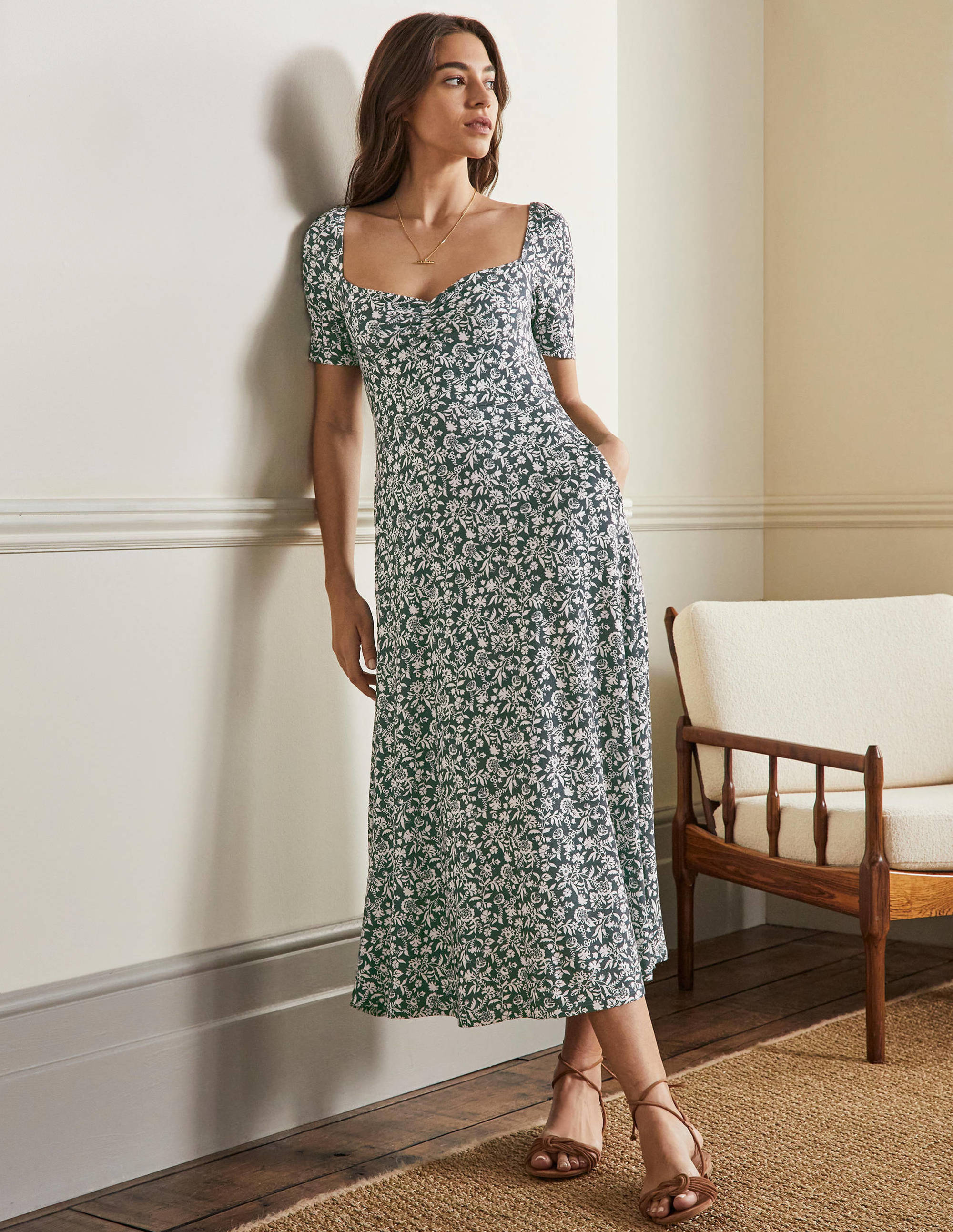 Sweetheart Jersey Midi Dress-Trekking Green, Flora Charm - Image 1