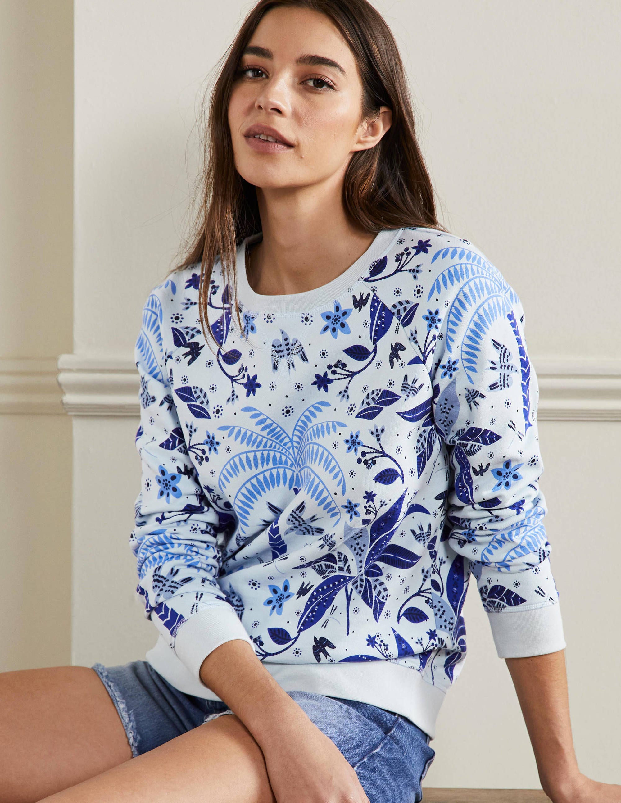 Printed Cotton Sweatshirt-Blue, Oriental Cascade - Image 1