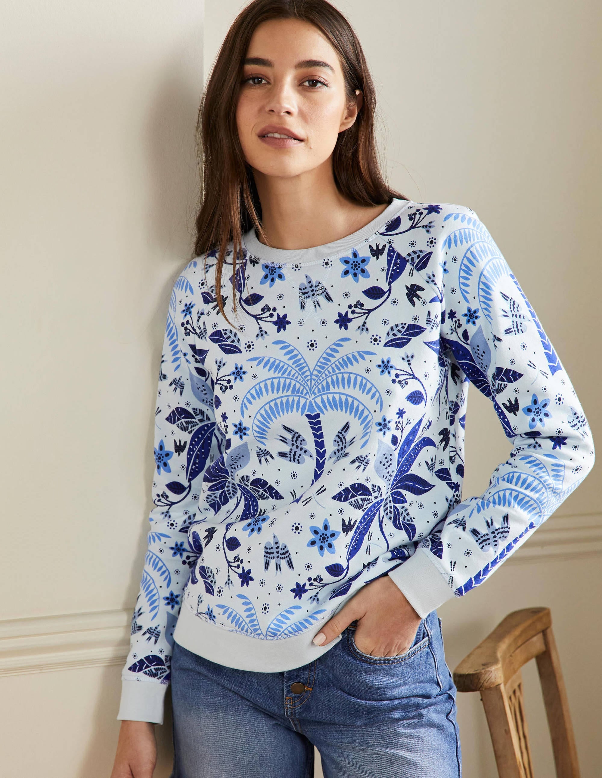 Printed Cotton Sweatshirt-Blue, Oriental Cascade - Image 4
