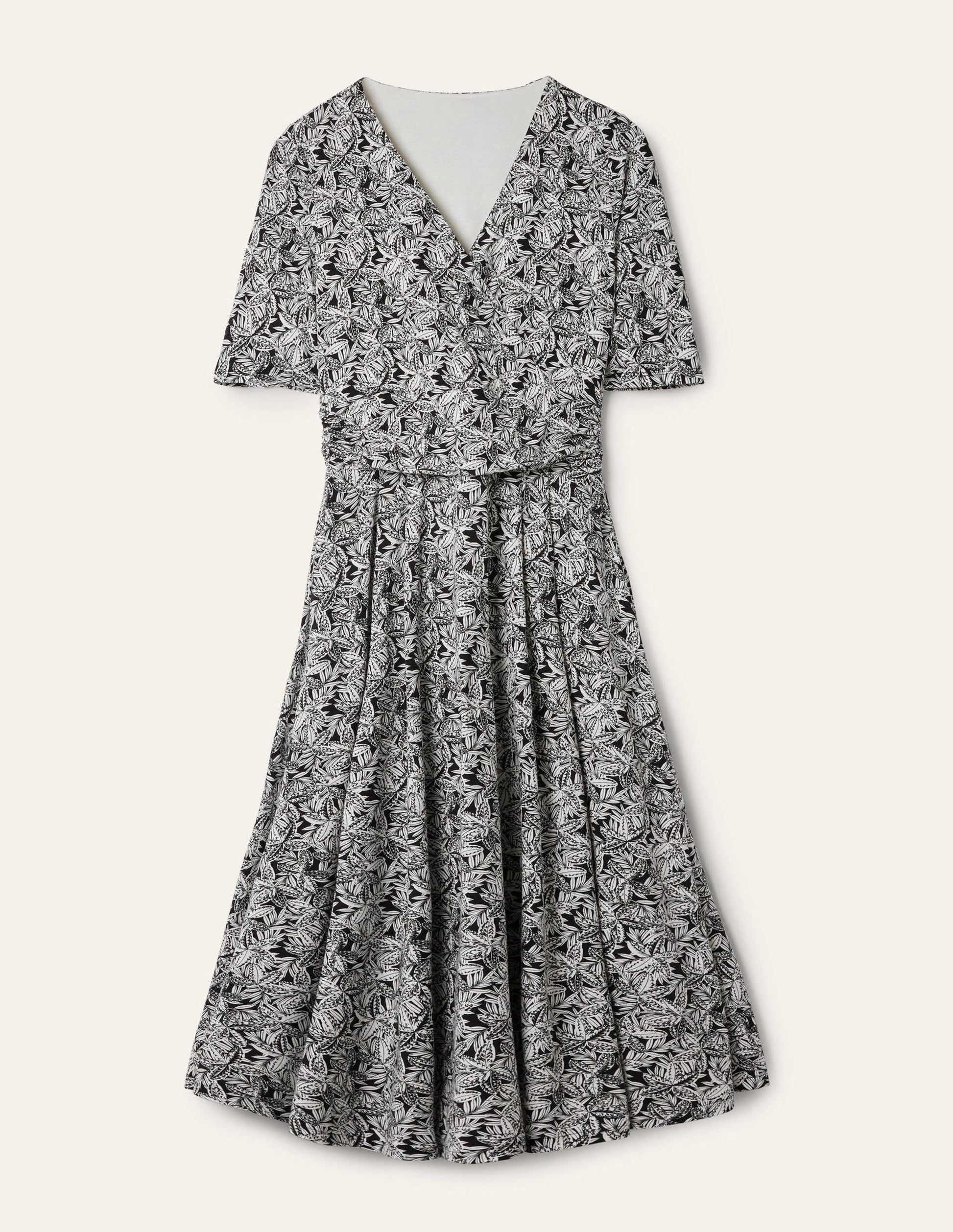 Ruched Waist Jersey Midi Dress-Black, Exotic Leaves-5